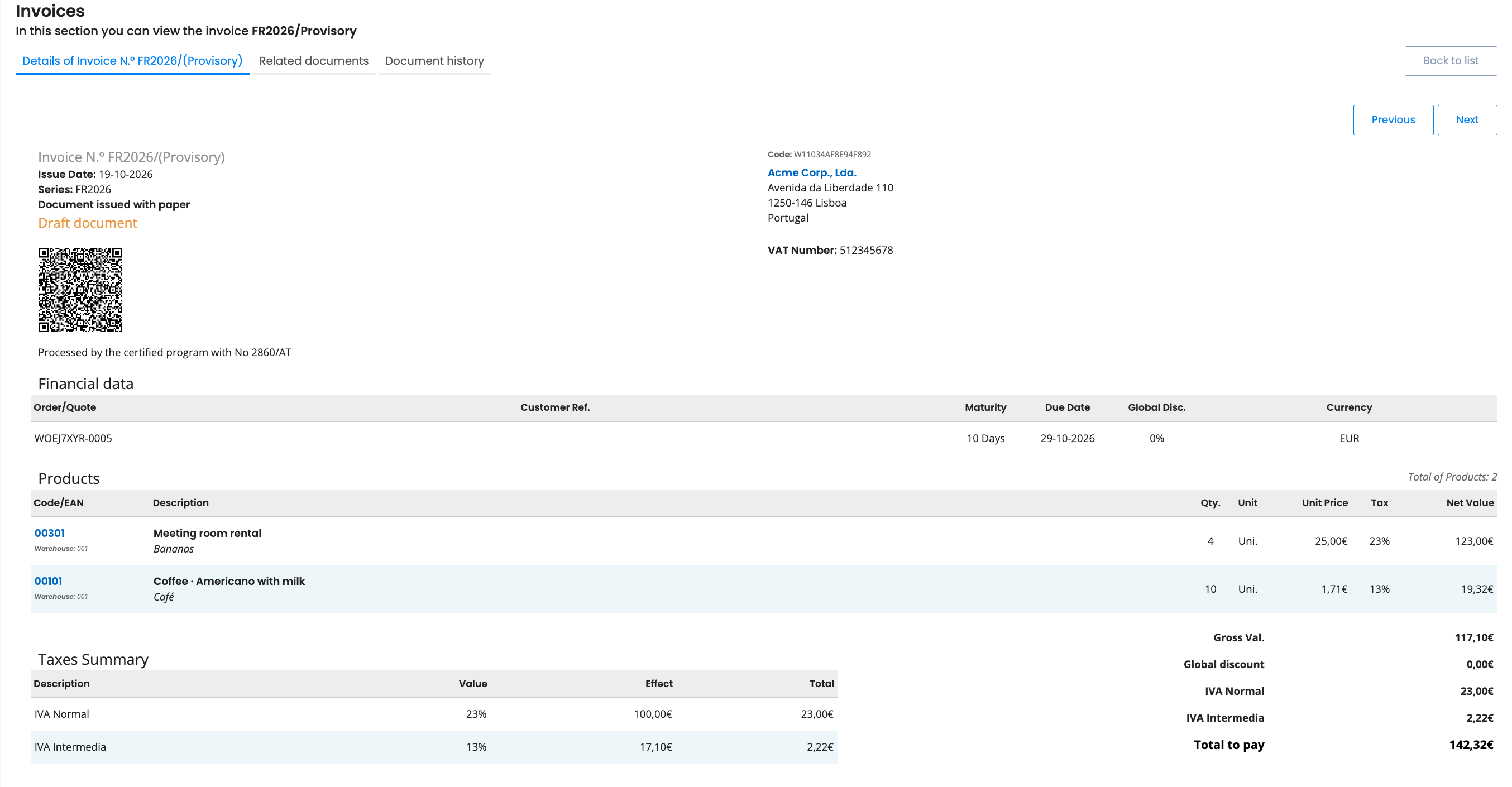 The draft invoice in Moloni synced from Spacebring's coworking space management platform, with each item's Moloni product and tax