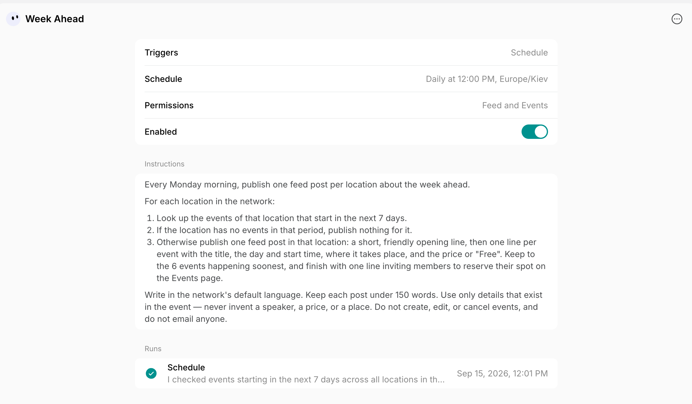 An agent's list of runs on Spacebring's coworking space management platform