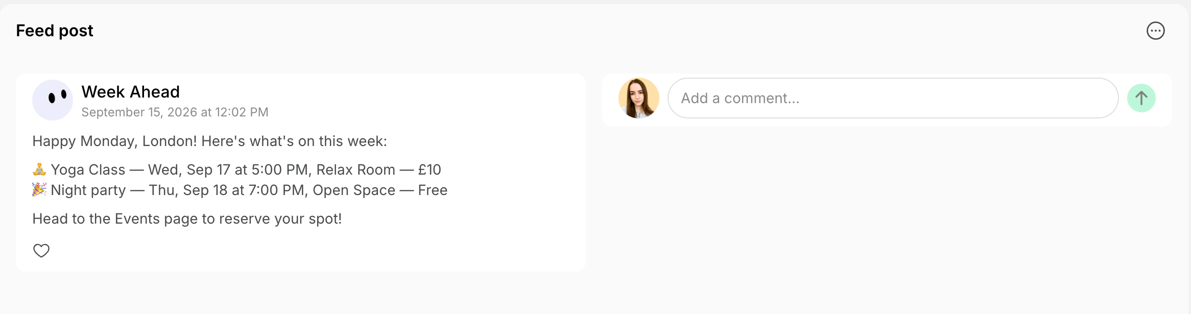A feed post published by an agent under its name and photo on Spacebring's coworking space management platform
