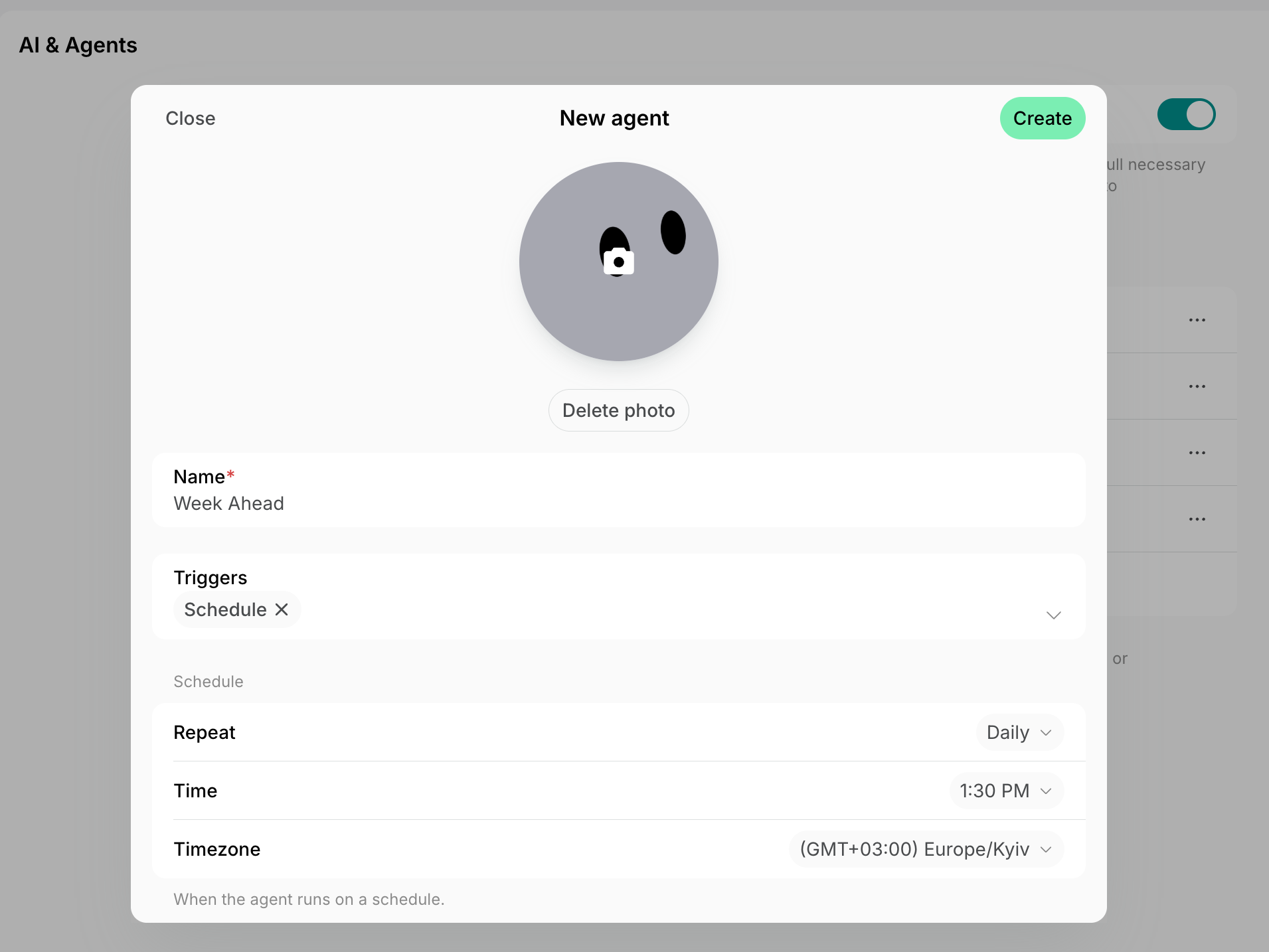 New agent form with triggers, locations, and a schedule on Spacebring's coworking space management platform