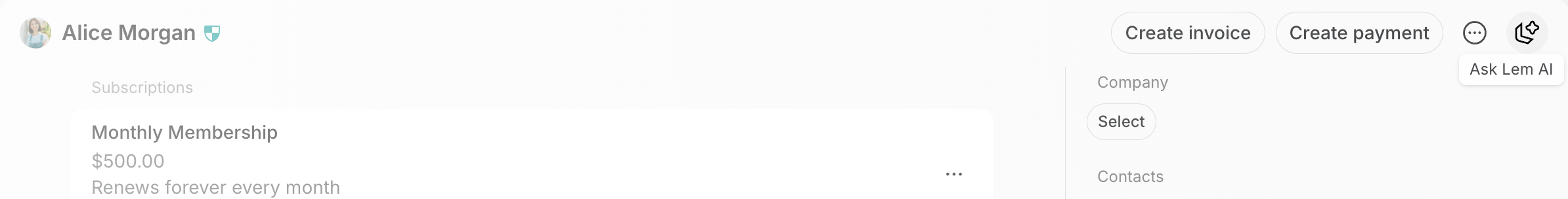 A user's page with the Ask Lem AI icon in the top right corner on Spacebring's coworking space management platform