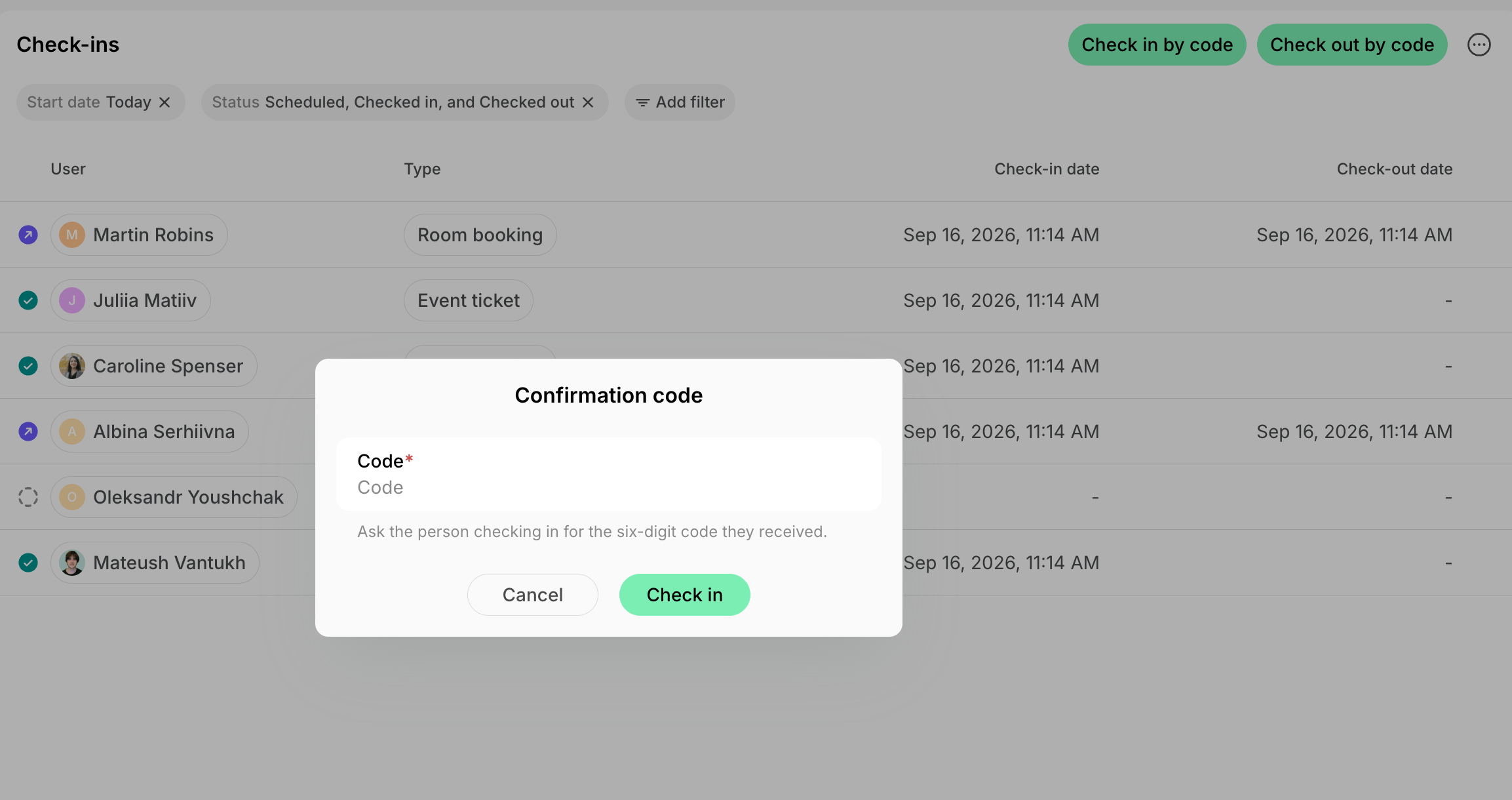 Checking a person in by code on Spacebring's coworking space management platform
