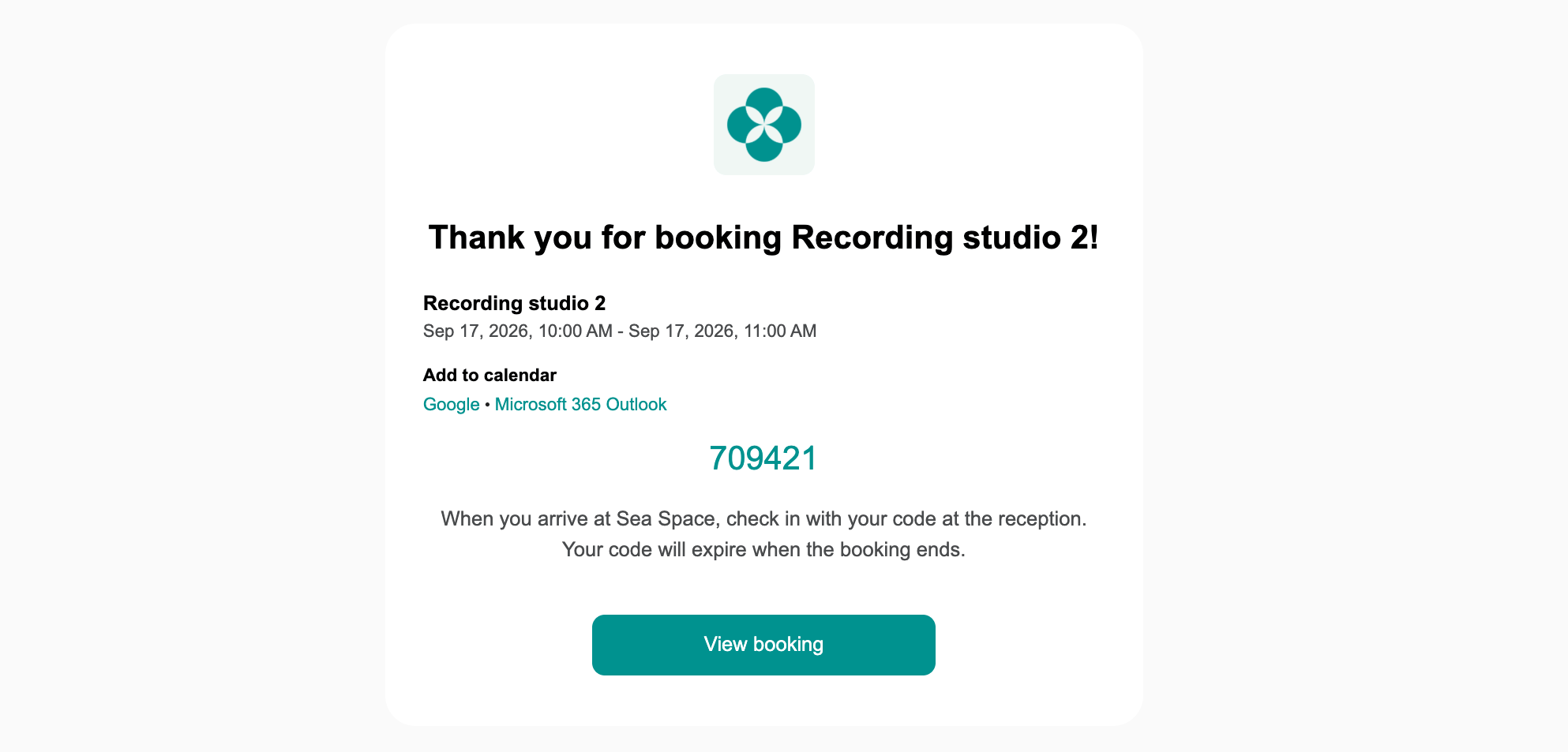 Check-in code in a booking confirmation email on Spacebring's coworking space management platform