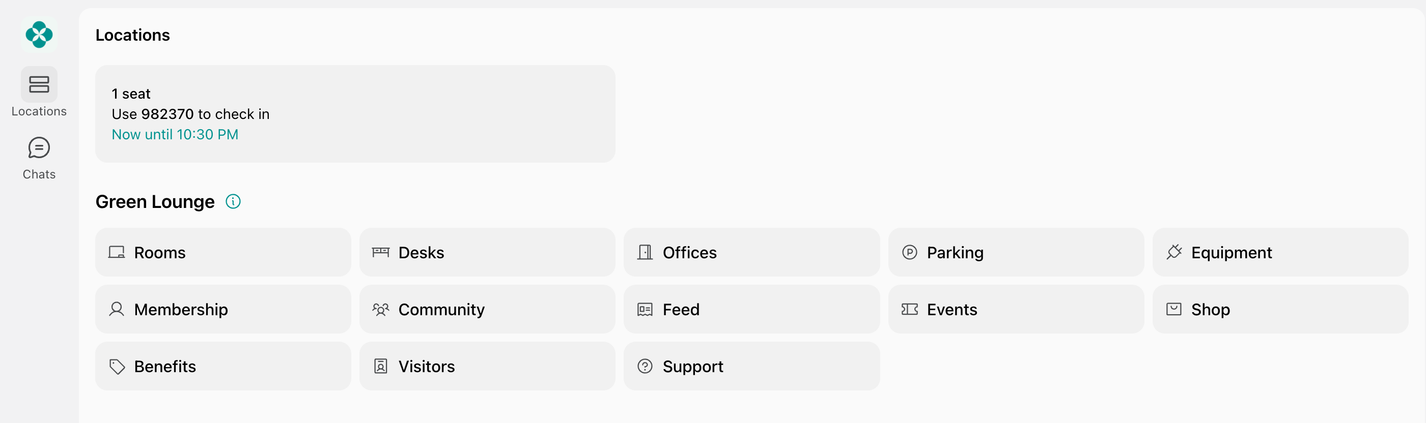 Check-in code on the member web portal home screen on Spacebring's coworking space management platform