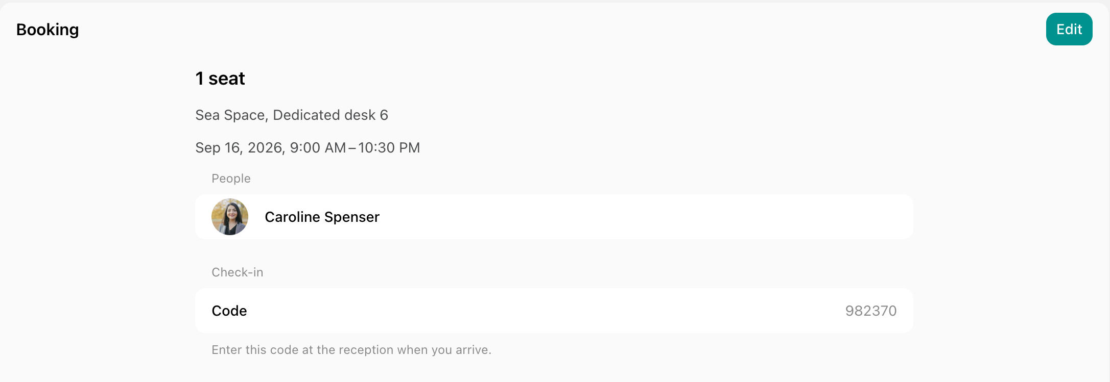 Check-in code on a booking in the member web portal on Spacebring's coworking space management platform