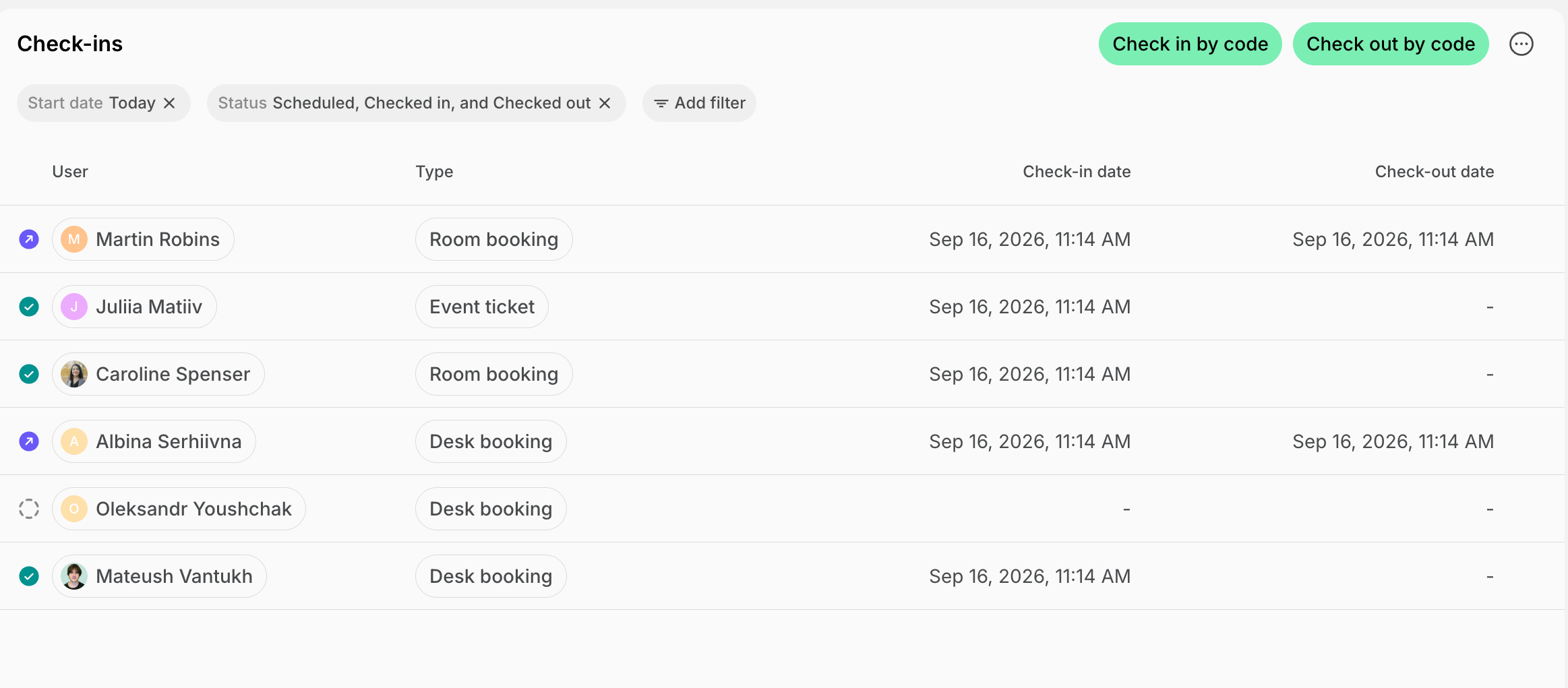Check-ins page with the start date and status filters on Spacebring's coworking space management platform