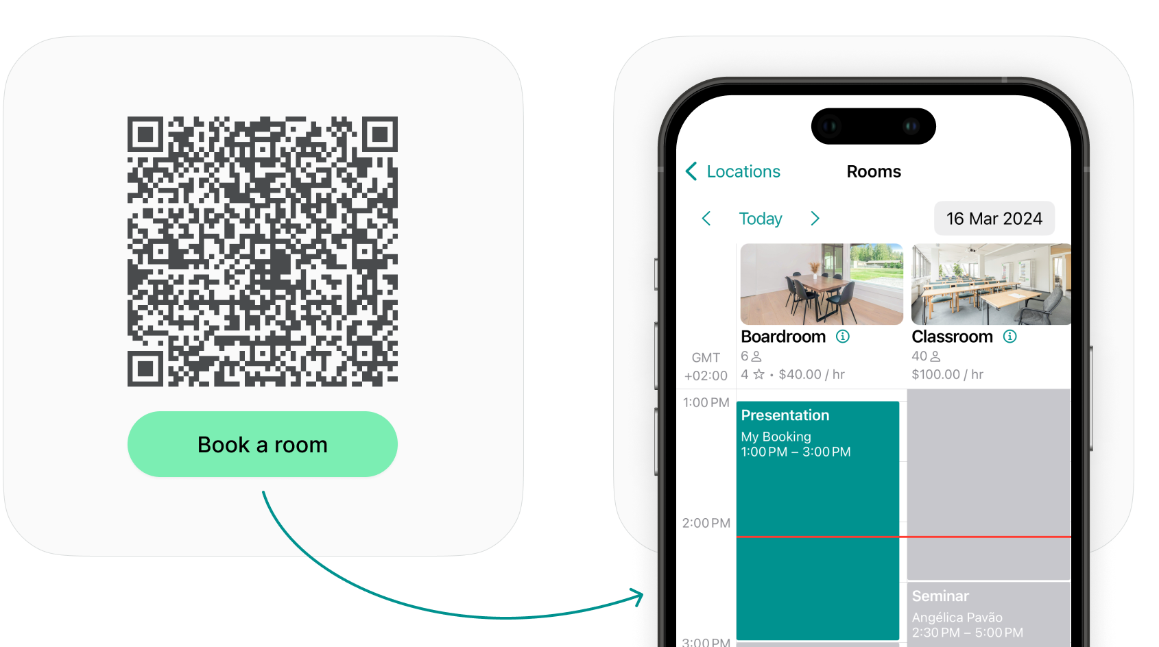 Generate the QR code to the room booking calendar on Spacebring's coworking space management platform