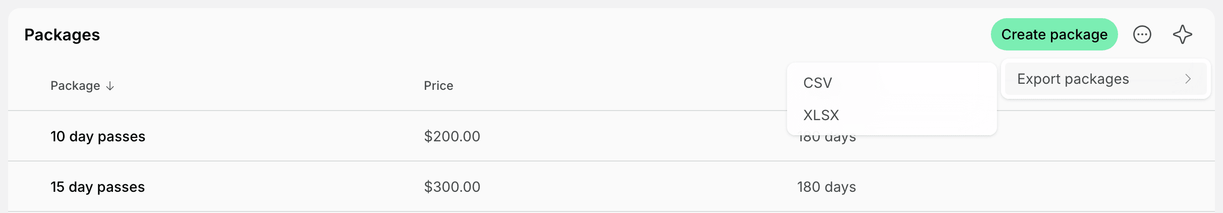 Export packages options in the Packages page menu on Spacebring's coworking space management platform