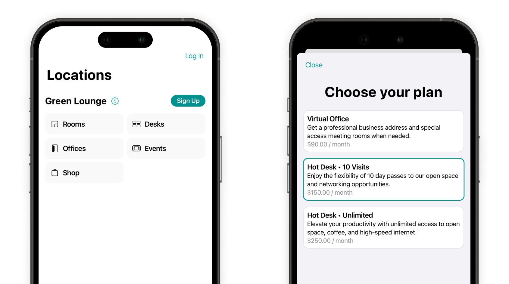 How users sign up for a plan on Spacebring's coworking space management platform