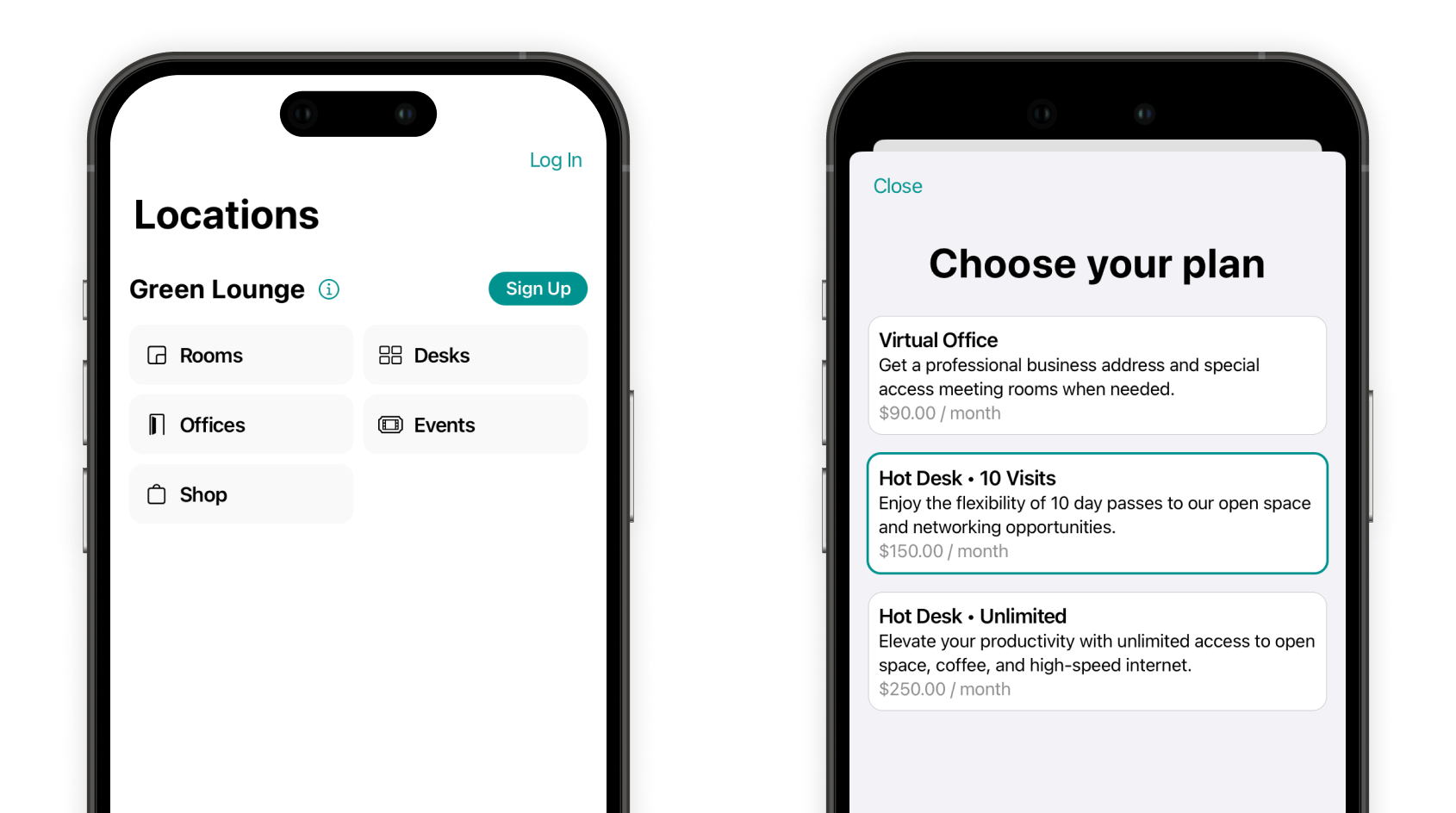 How users sign up for a plan on Spacebring's coworking space management platform