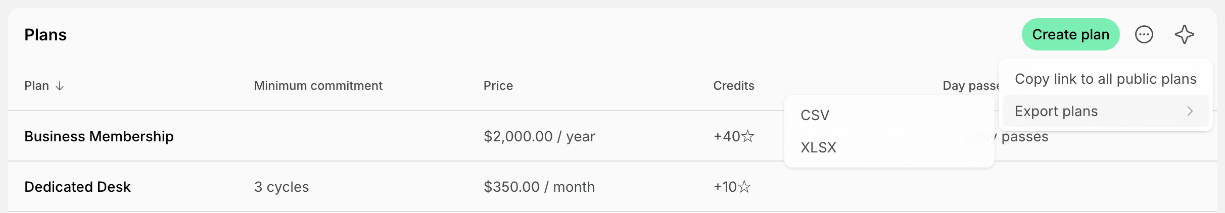 Export plans options in the Plans page menu on Spacebring's coworking space management platform