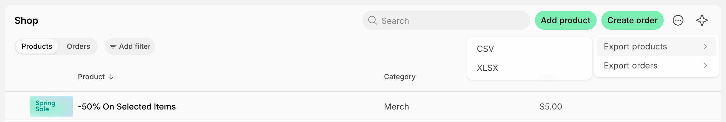 Export products options in the Shop page menu on Spacebring's coworking space management platform