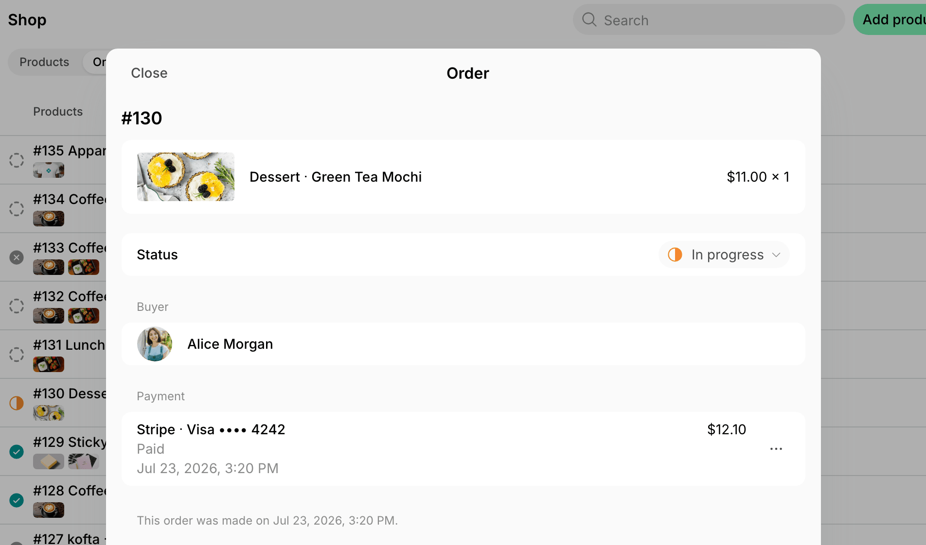 An order with its product, status, buyer, and payment on Spacebring's coworking space management platform