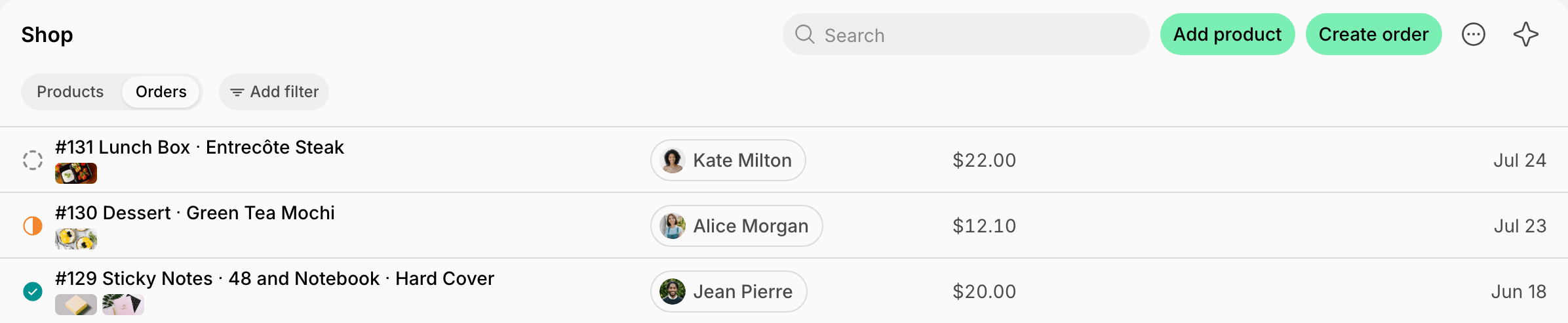 Orders with the New, In progress, and Completed status icons in the Orders panel on Spacebring's coworking space management platform