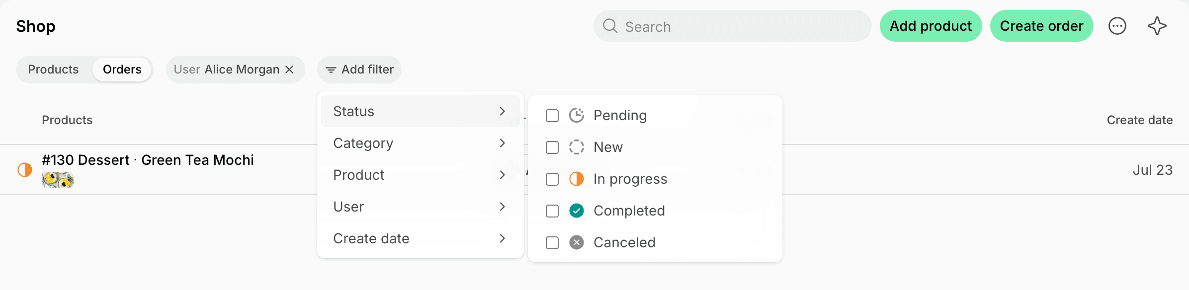 The Status filter options in the Orders panel on Spacebring's coworking space management platform