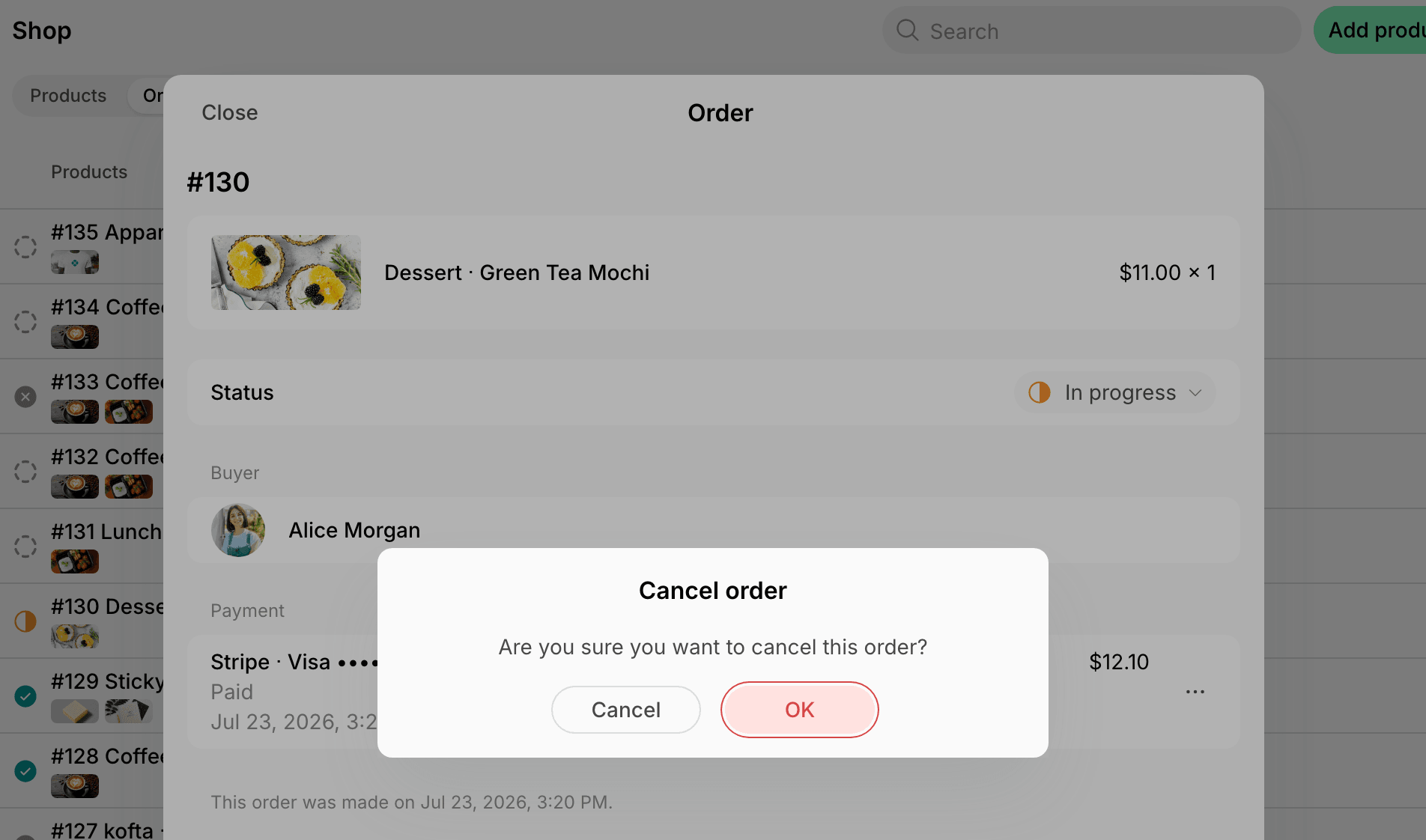 The Cancel order confirmation for an order on Spacebring's coworking space management platform