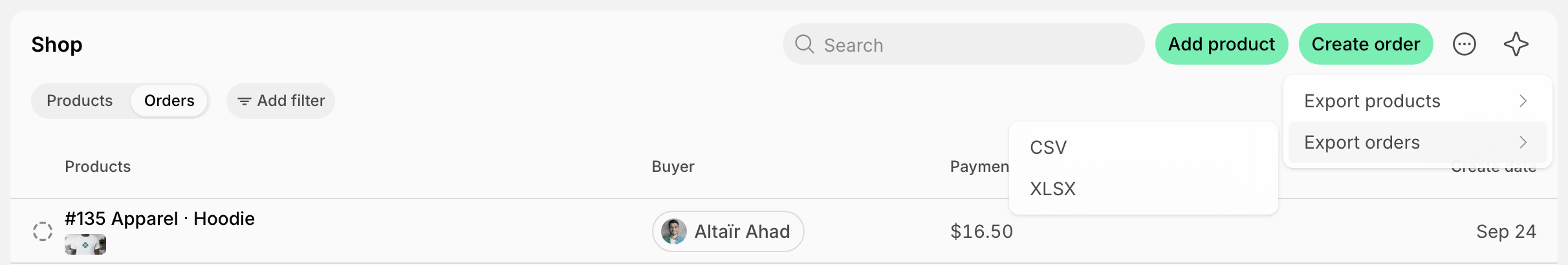 Export orders options in the Shop page menu on Spacebring's coworking space management platform