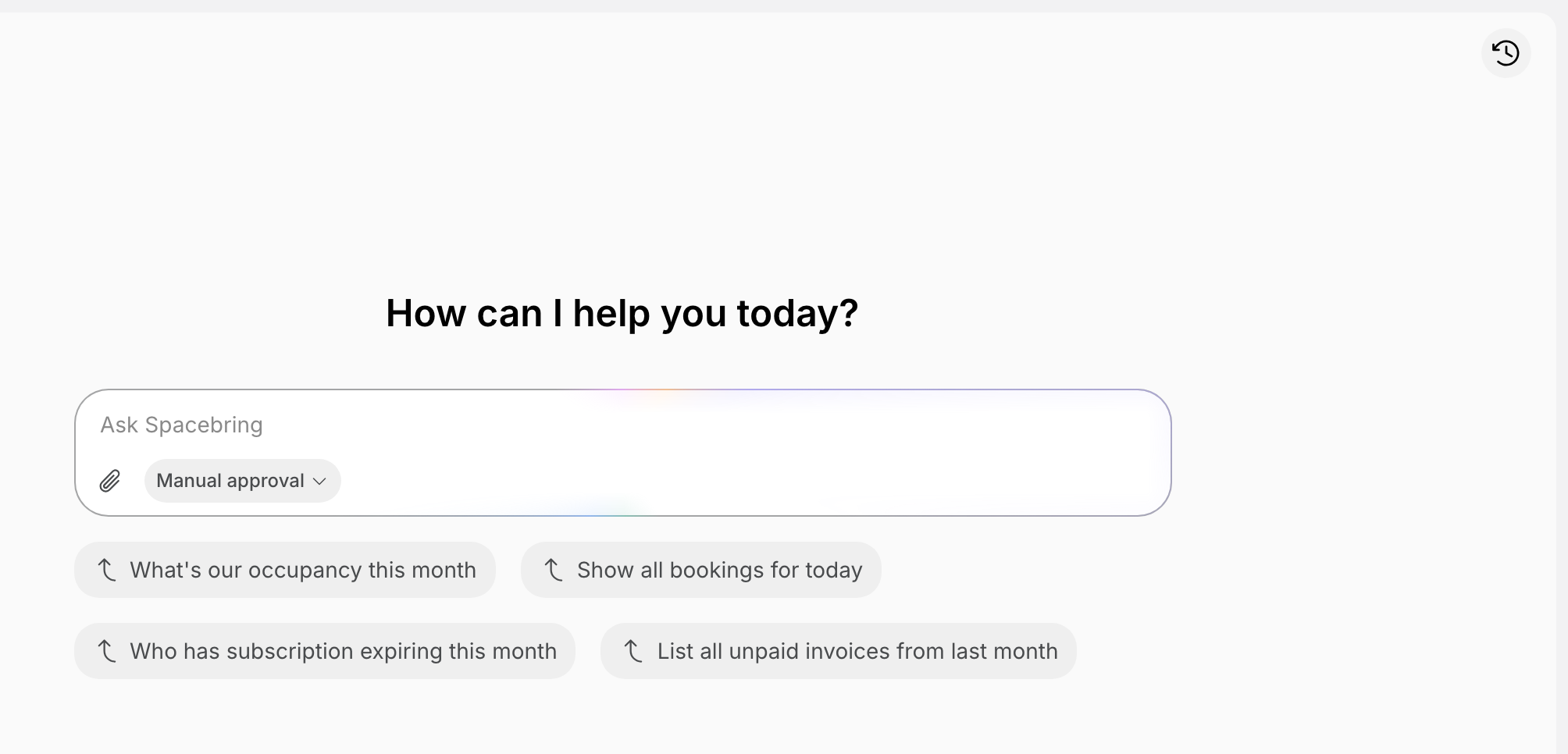 Agent page with the chat history icon in the top right corner on Spacebring's coworking space management platform