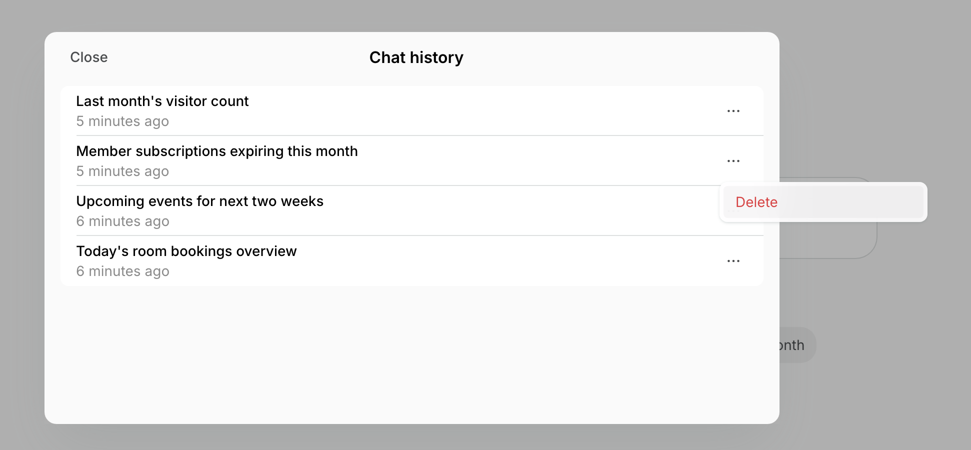 Chat history with the three-dot menu of a chat open and the Delete option on Spacebring's coworking space management platform