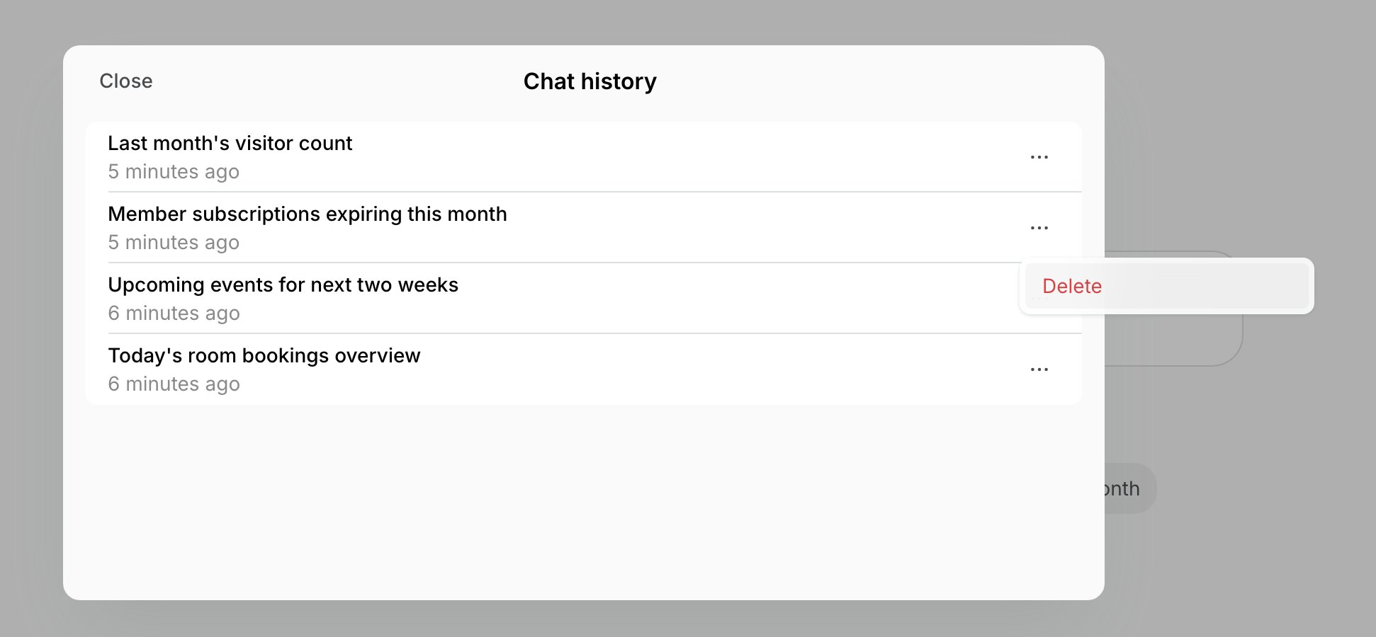 Chat history with the three-dot menu of a chat open and the Delete option on Spacebring's coworking space management platform