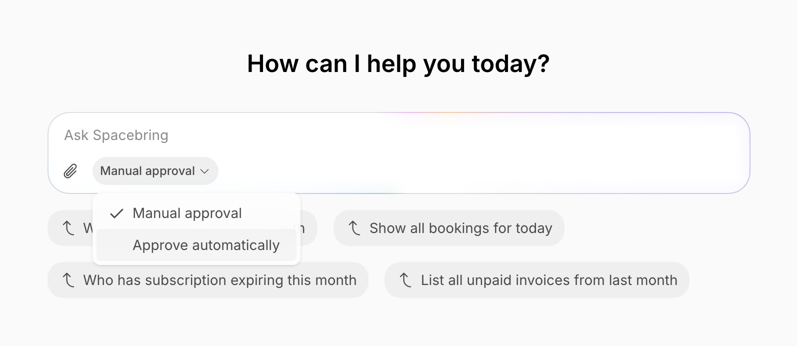 Lem AI message field with the Manual approval menu open and Approve automatically highlighted on Spacebring's coworking space management platform