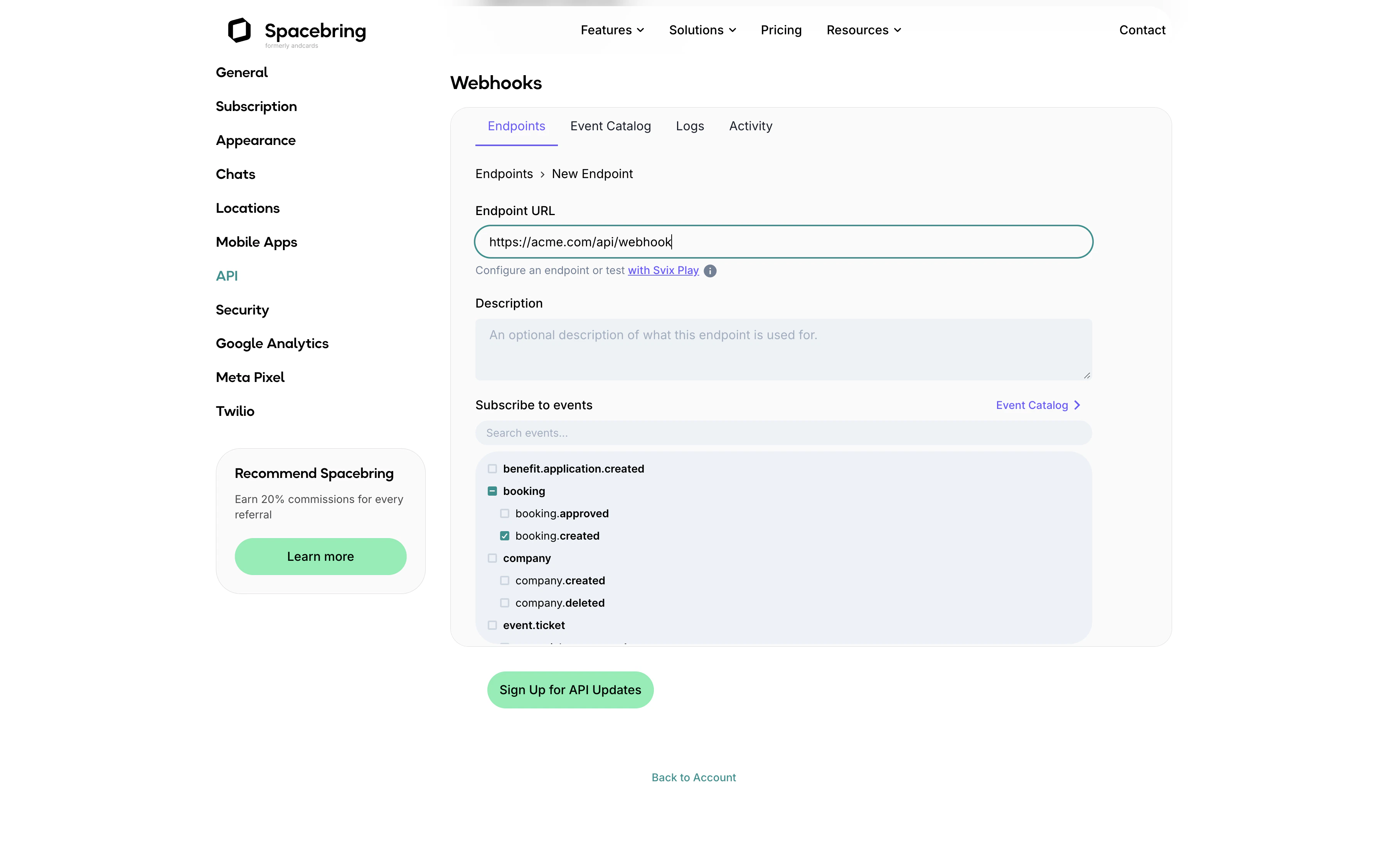 Registering webhook endpoint