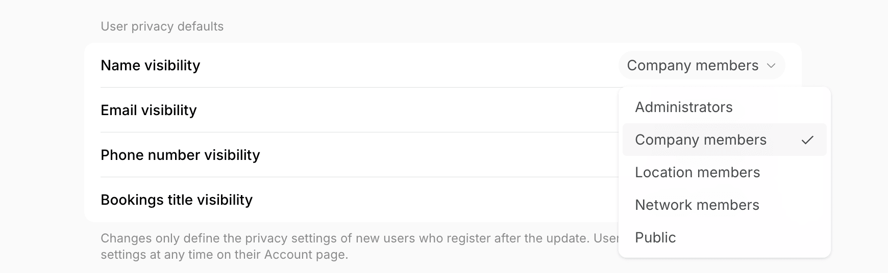 User privacy defaults with the Name visibility dropdown open and its options listed on Spacebring's coworking space management platform