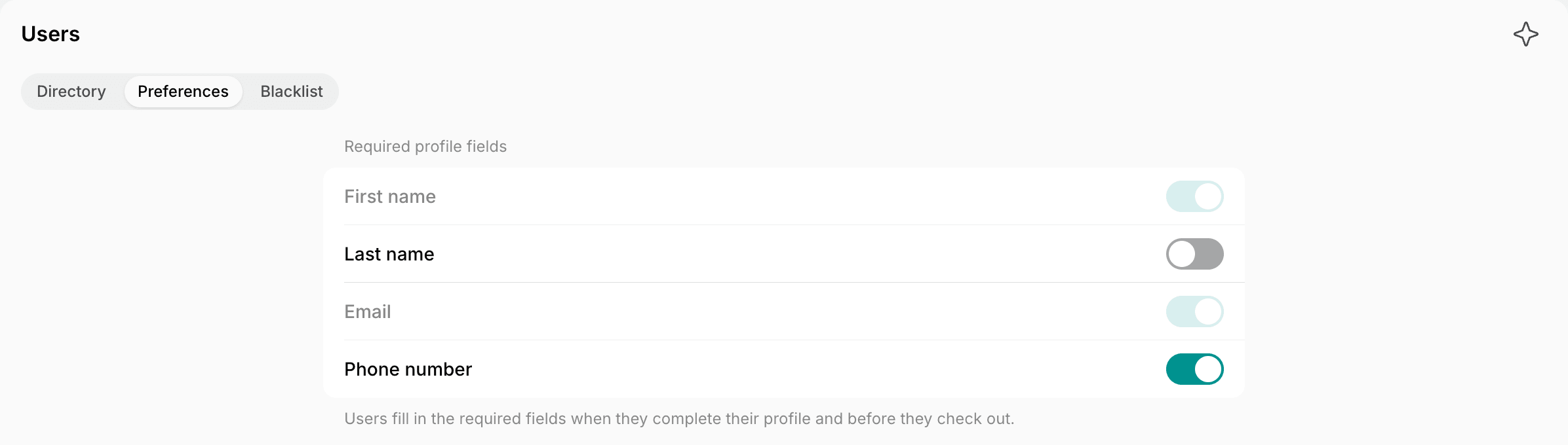 Preferences tab of the Users page with the Required profile fields switches on Spacebring's coworking space management platform