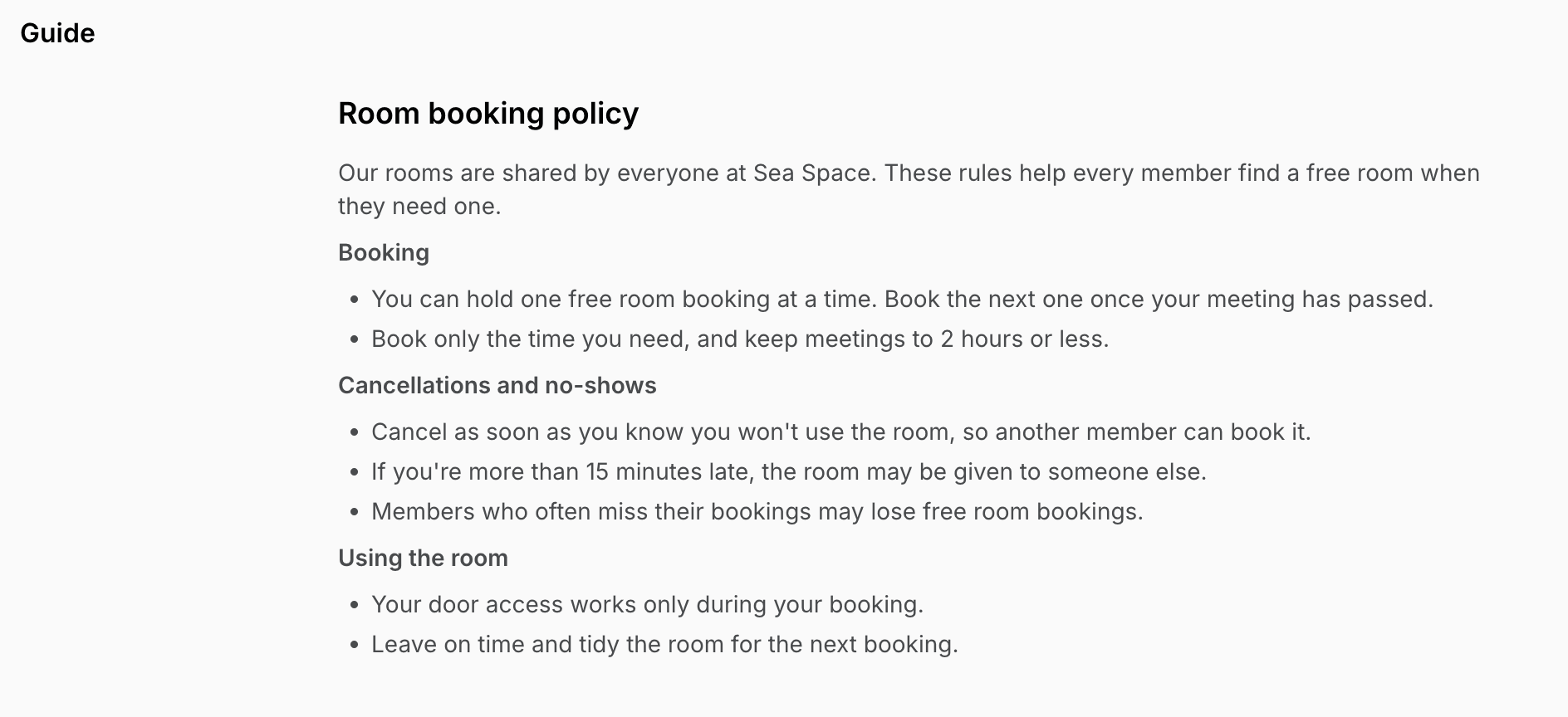 A location guide with the room booking policy in the member web portal on Spacebring's coworking space management platform