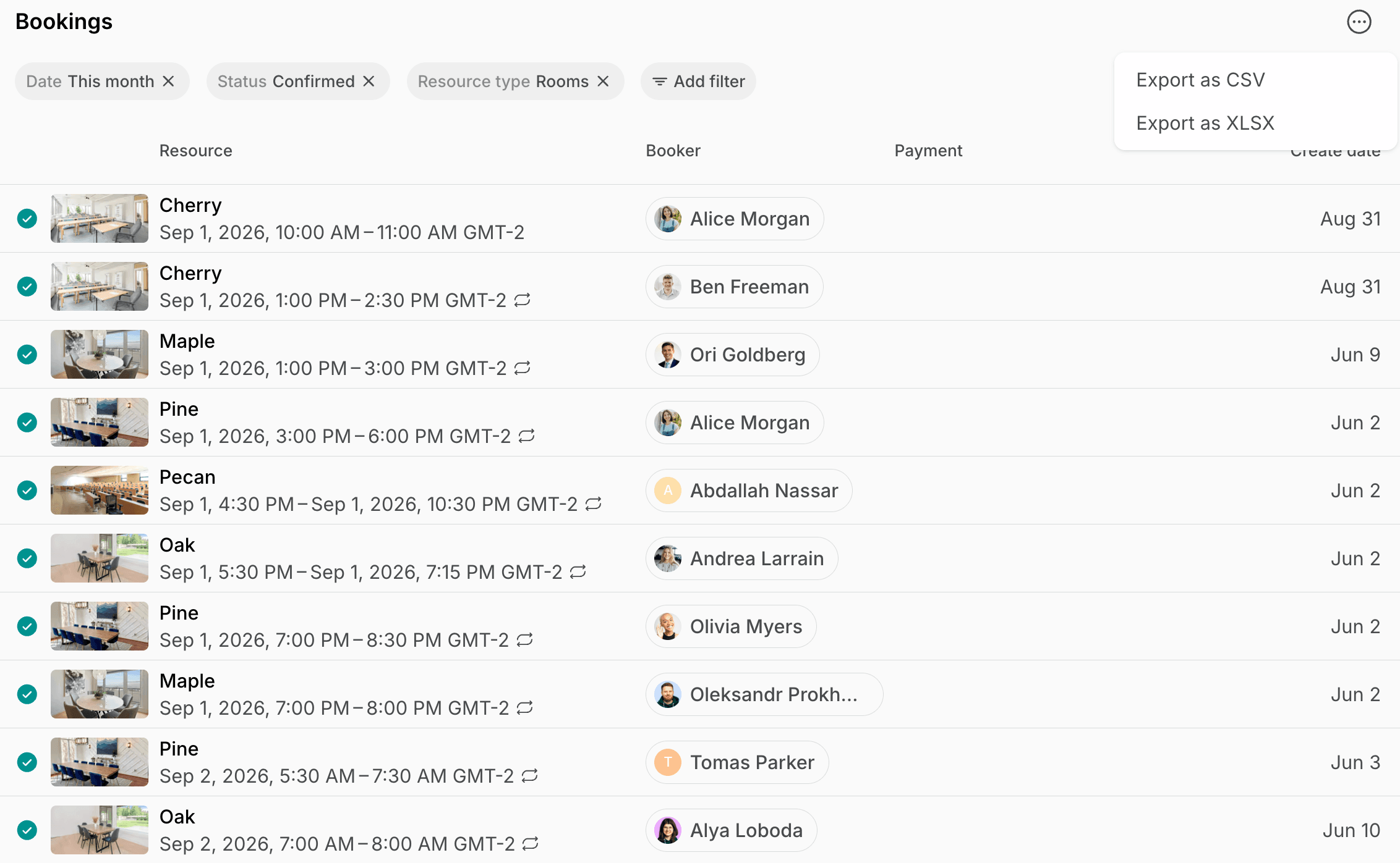 Exporting a report on this month's confirmed room bookings on Spacebring's coworking space management platform