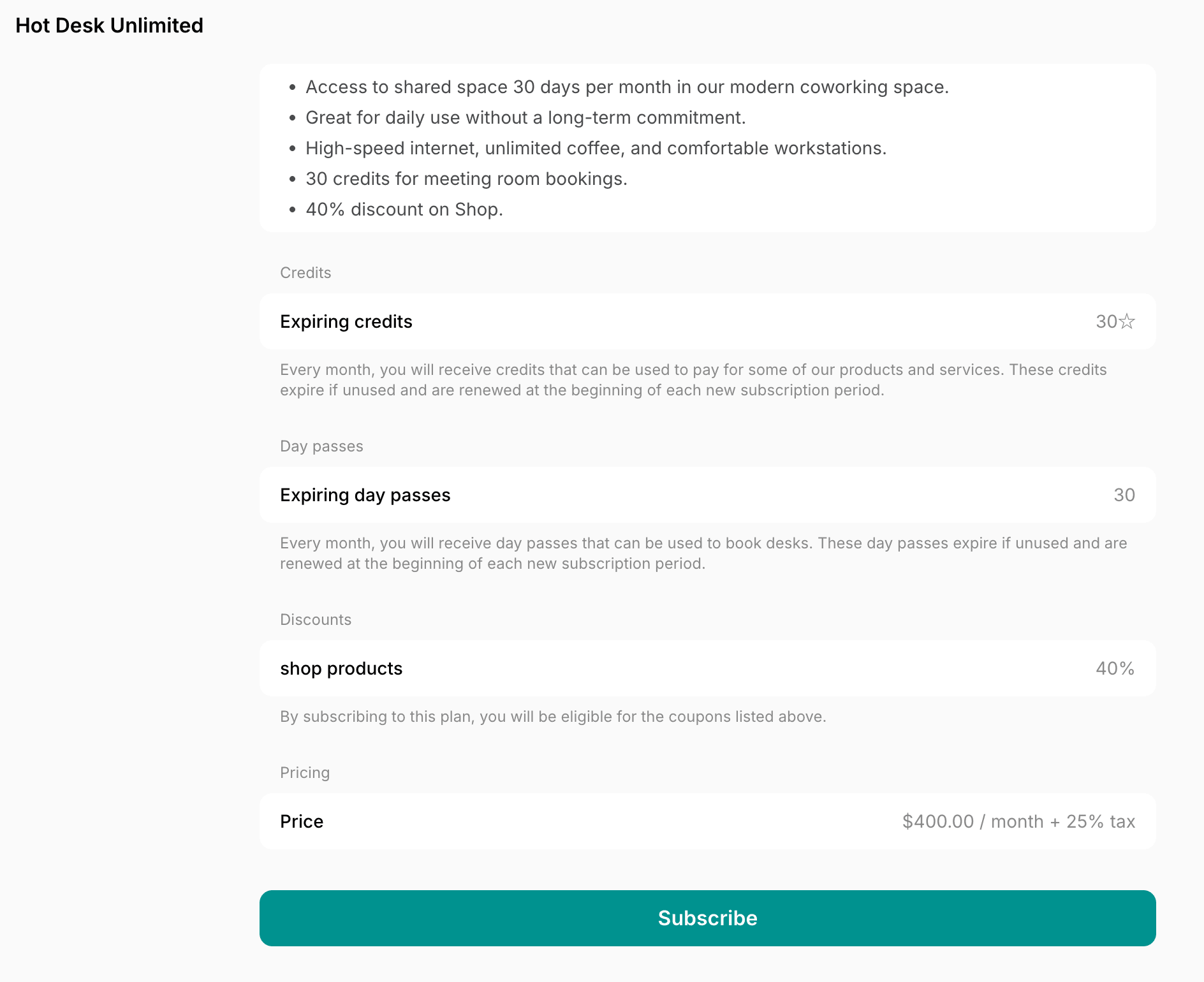 A plan with monthly expiring credits in the member web portal on Spacebring's coworking space management platform