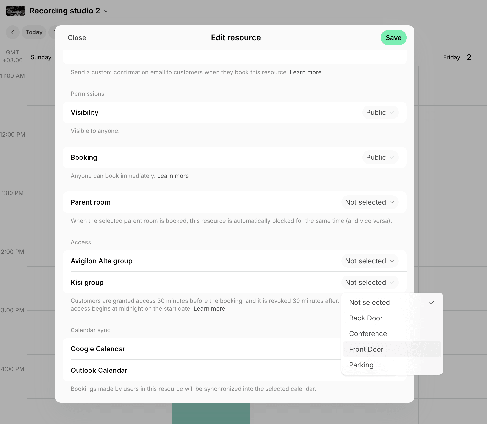 Selecting a Kisi group in the Access section of a room on Spacebring's coworking space management platform