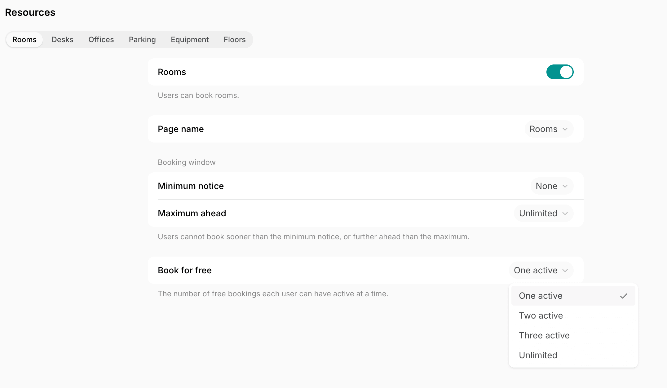 The Book for free options on the Rooms tab of the location resource settings on Spacebring's coworking space management platform