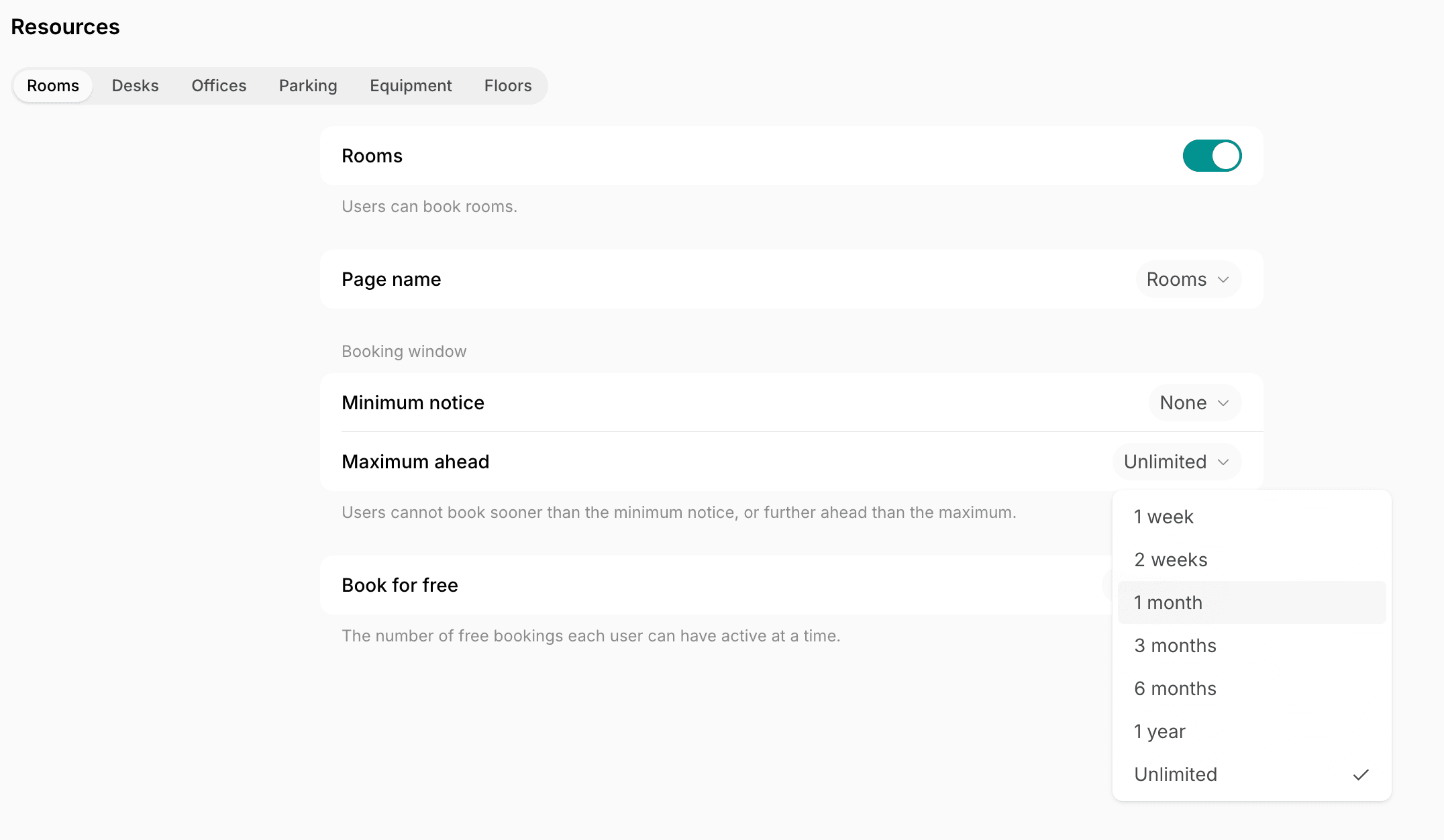 The Maximum ahead options in the Booking window, above the Book for free property, on Spacebring's coworking space management platform