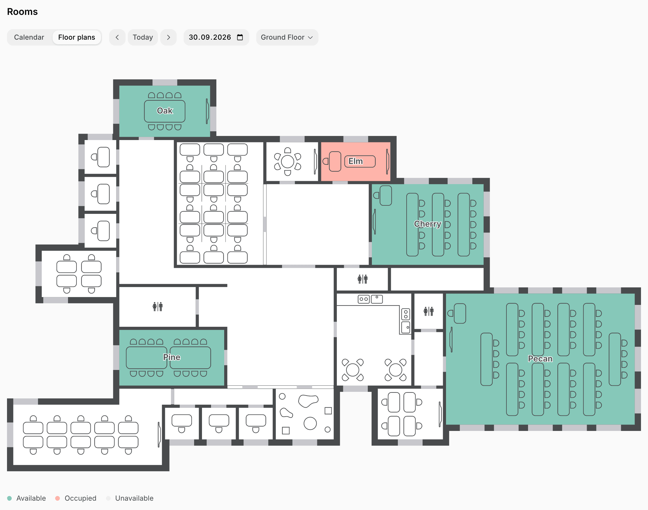 A floor plan in the member web portal showing which rooms are available and which are occupied on Spacebring's coworking space management platform