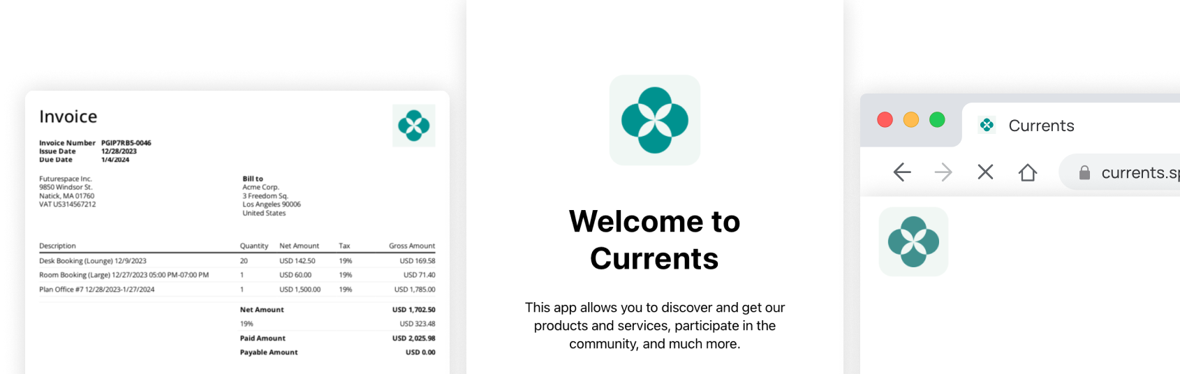 Member web portal logo on an invoice, the app welcome screen, and a browser tab