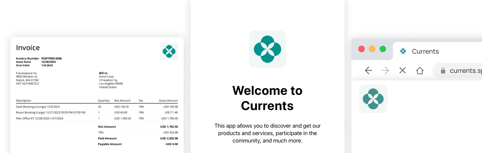 Member web portal logo on an invoice, the app welcome screen, and a browser tab