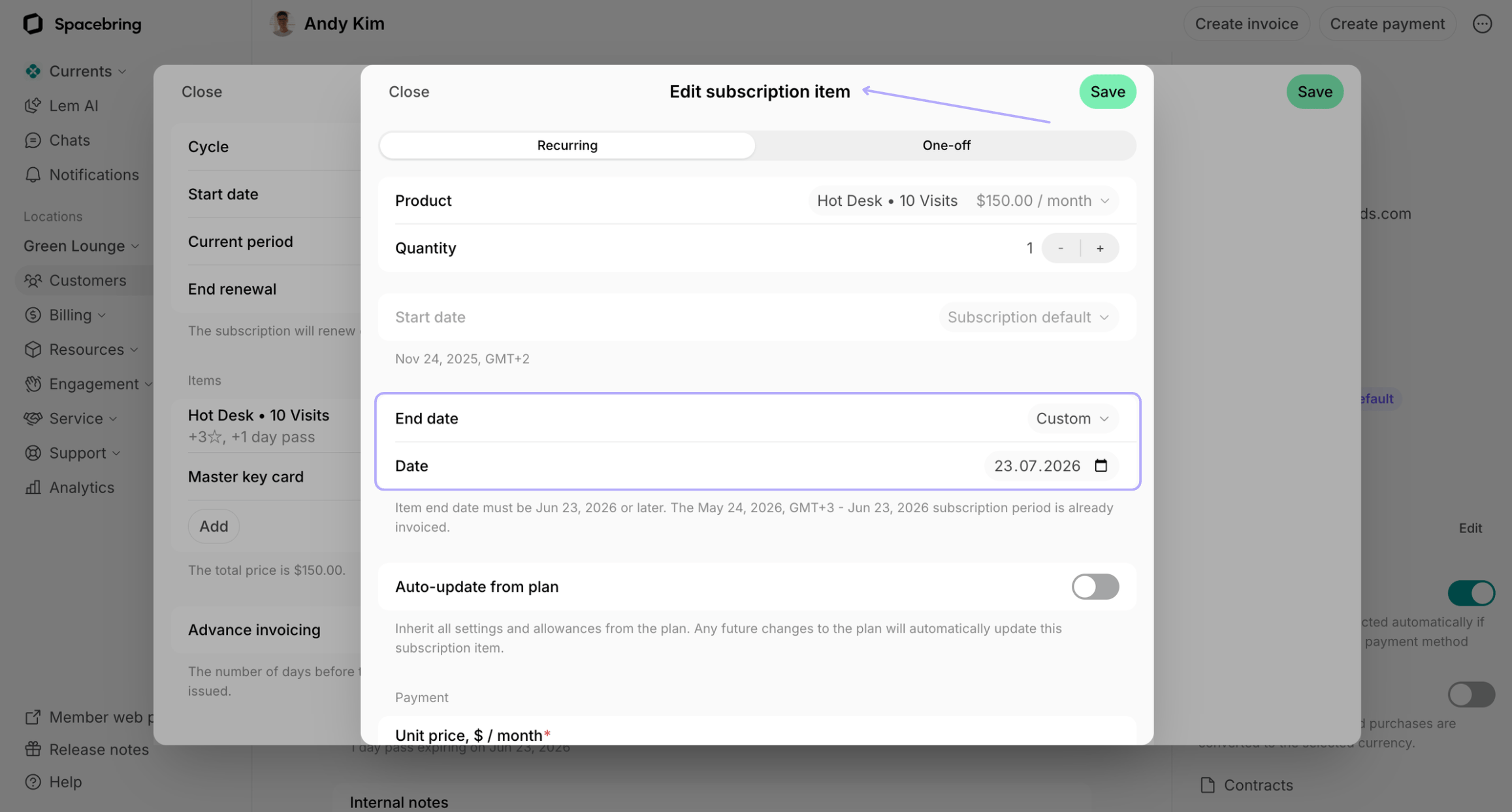 Billing Subscriptions Edit A Subscription Schedule Changes For A Specific Future Date Item End Date