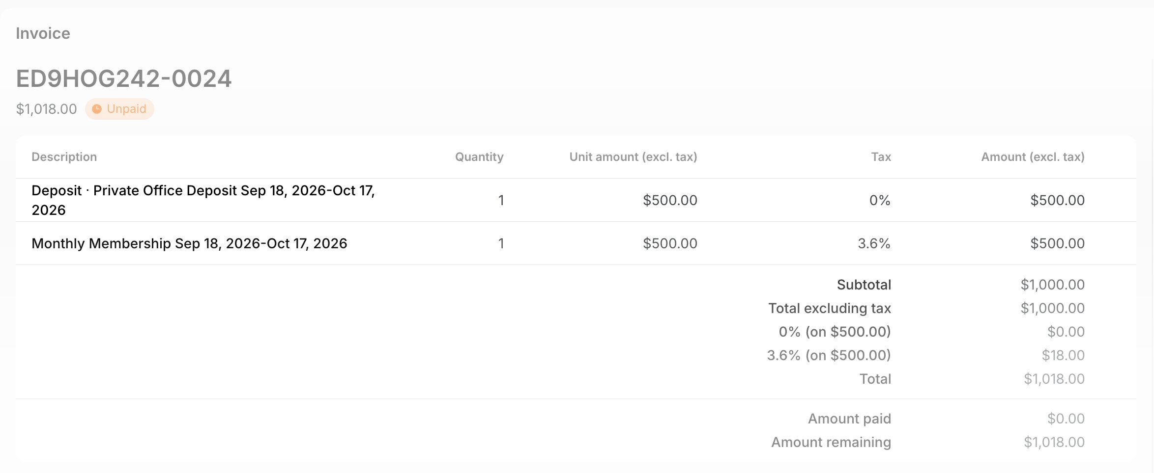 An invoice with the deposit line above the recurring membership line on Spacebring's coworking space management platform