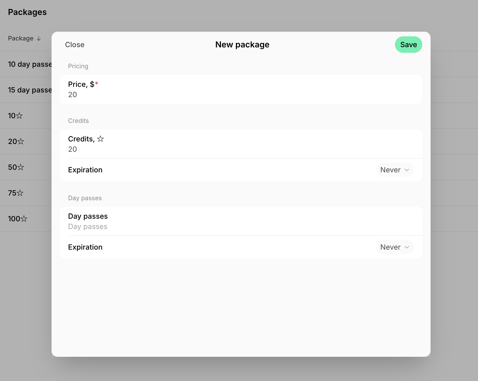 Credits And Day Passes Packages Create Packages