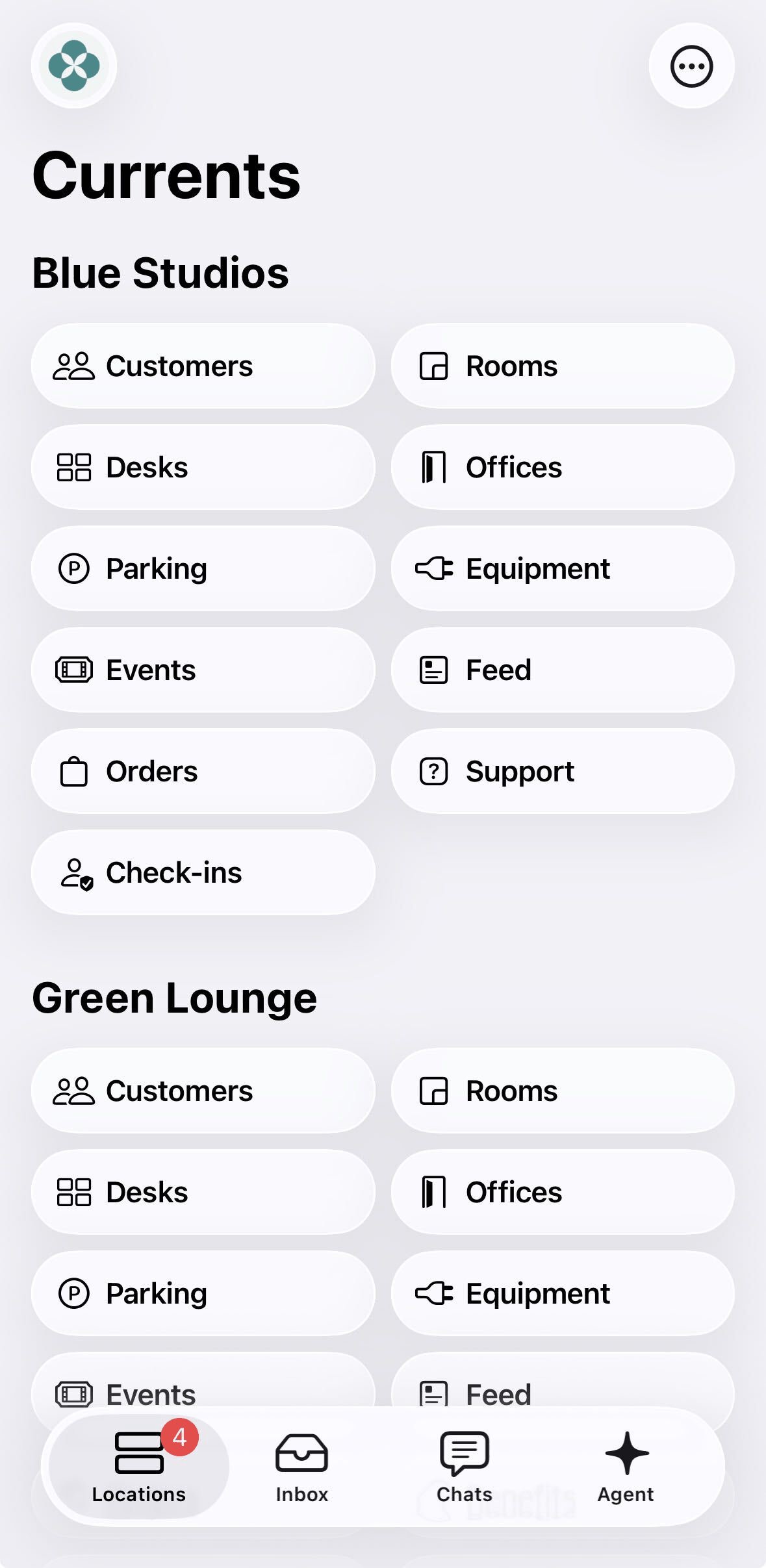 Locations tab of the admin mobile app with each location's modules on Spacebring's coworking space management platform