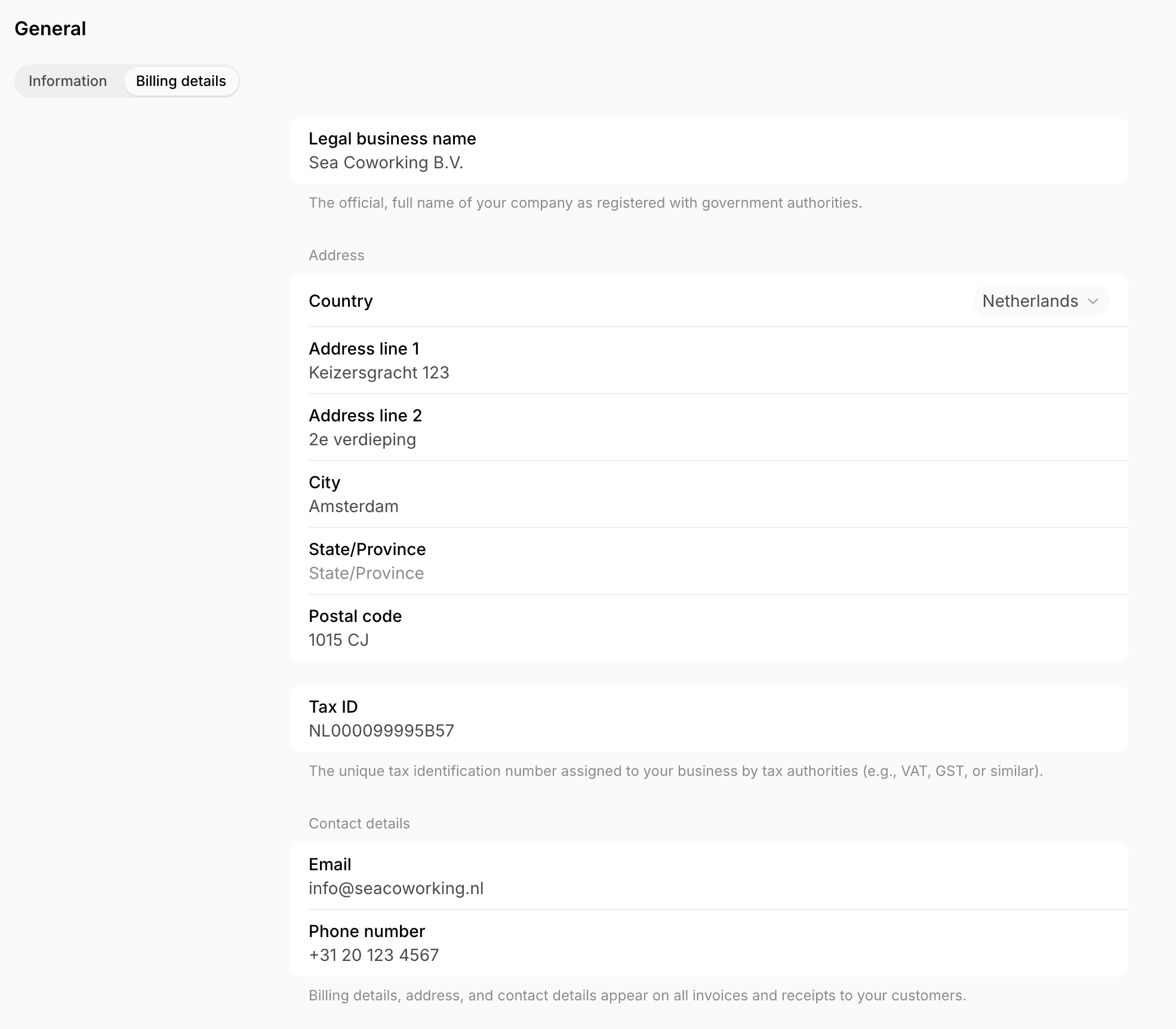 Location billing details form with a Dutch address and VAT number on Spacebring's coworking space management platform