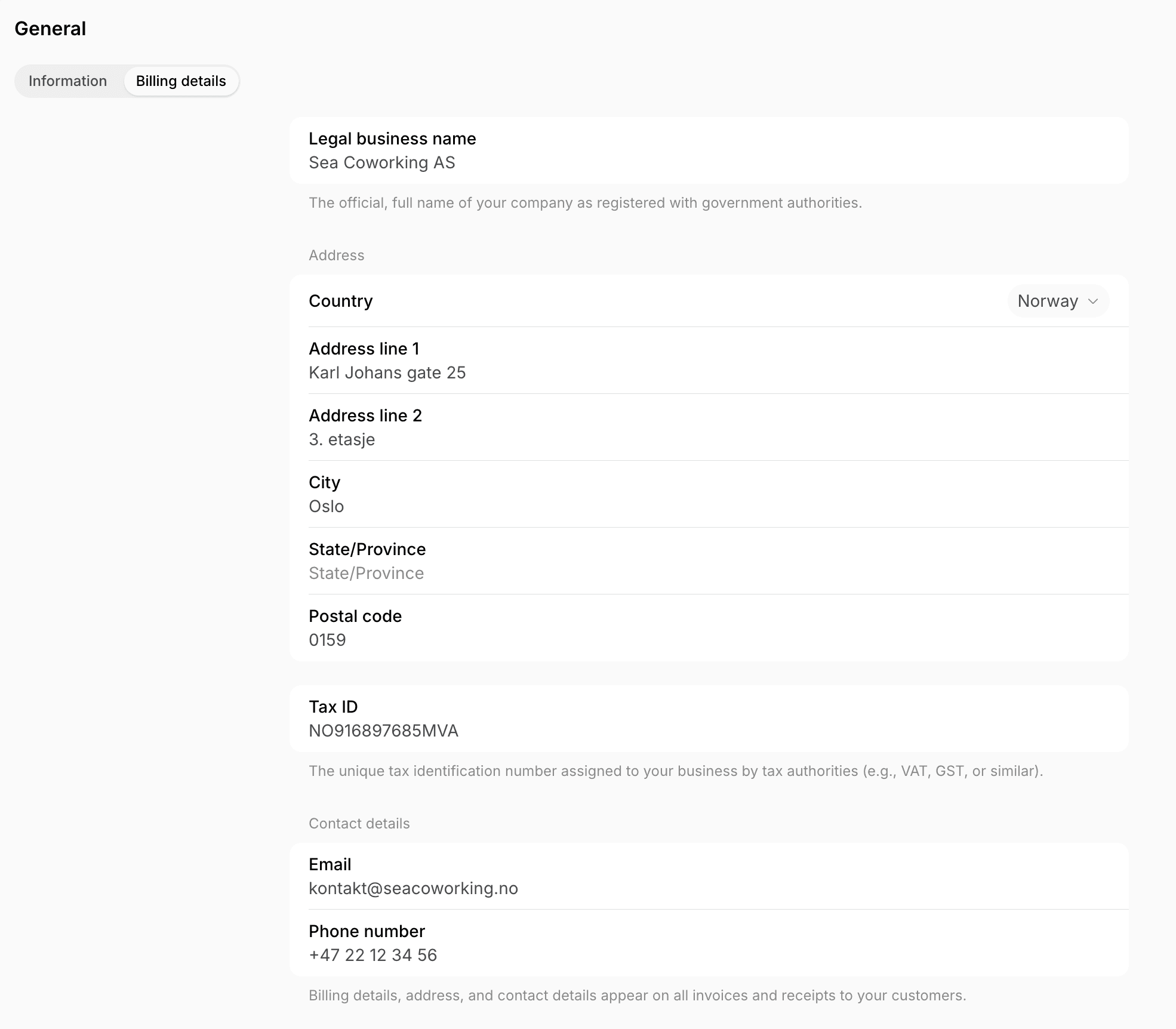 Location billing details form with a Norwegian address and organization number on Spacebring's coworking space management platform