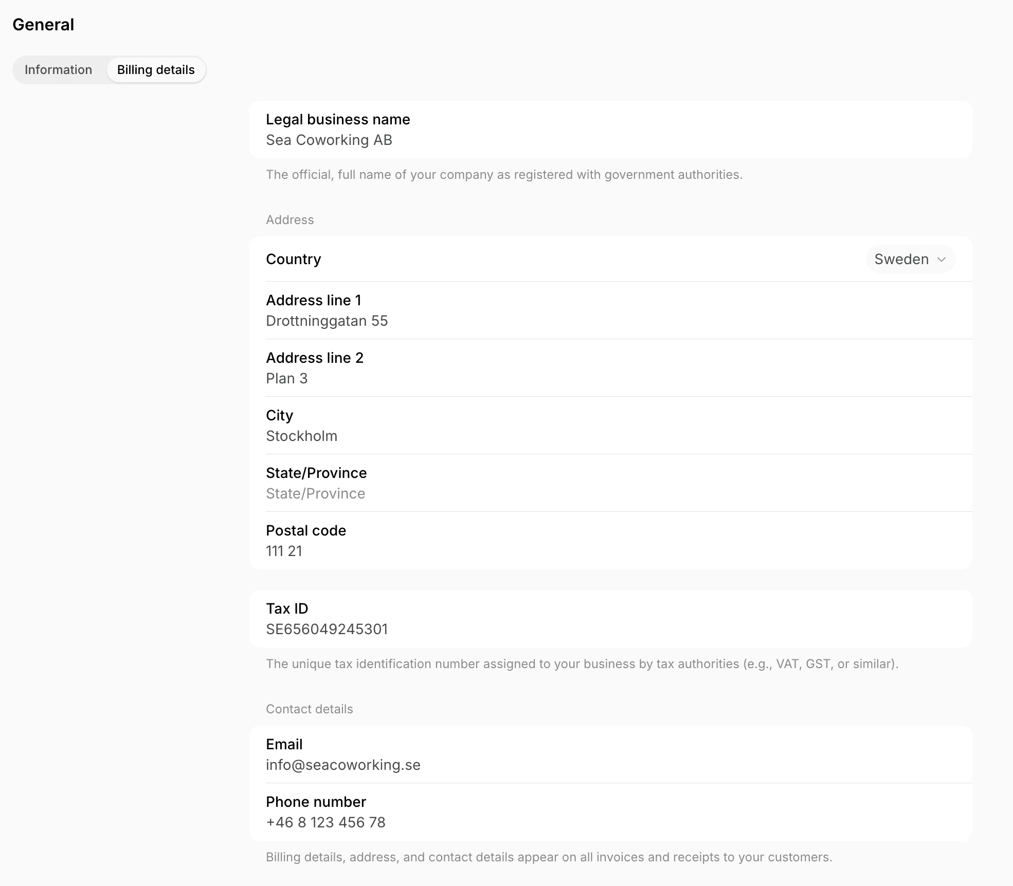 Location billing details form with a Swedish address and VAT number on Spacebring's coworking space management platform