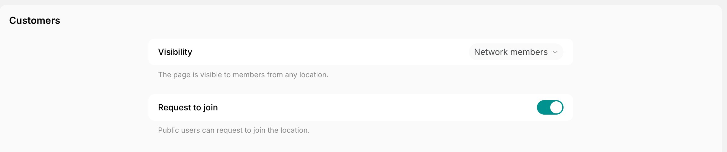 Location settings Customers page with the Request to join switch enabled on Spacebring's coworking space management platform