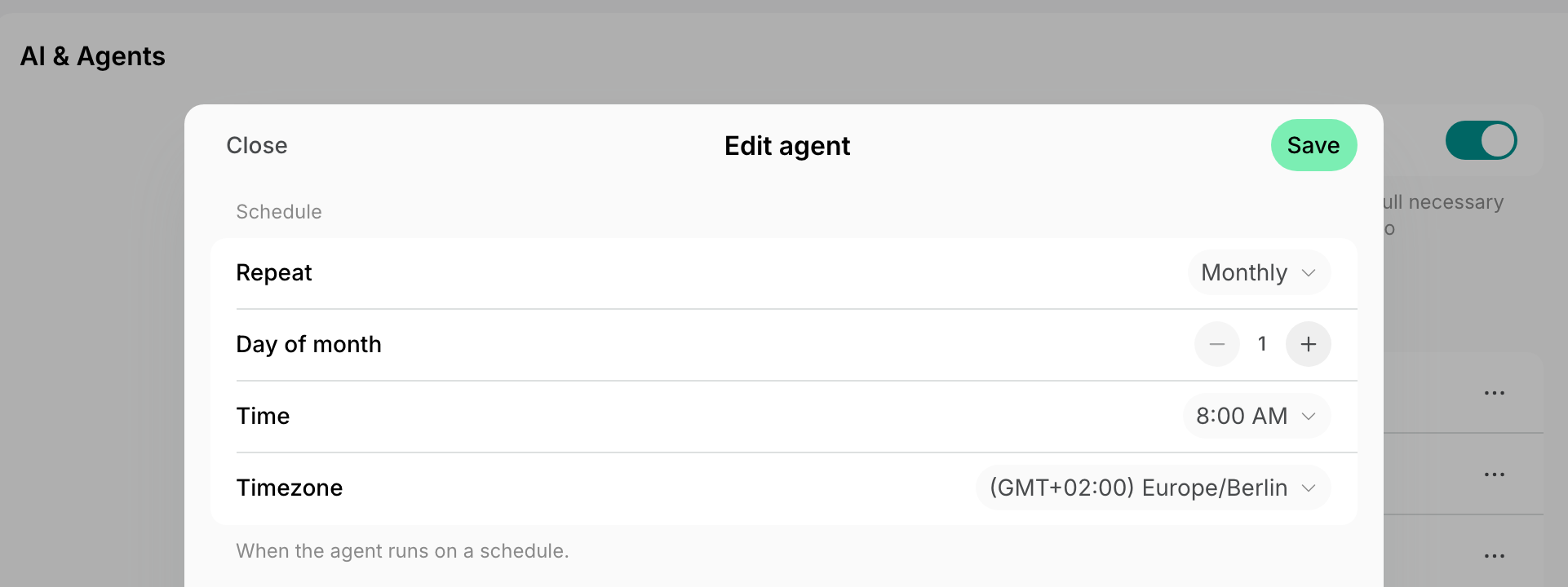 Agent schedule set to run monthly on day 1 at 8:00 AM on Spacebring's coworking space management platform