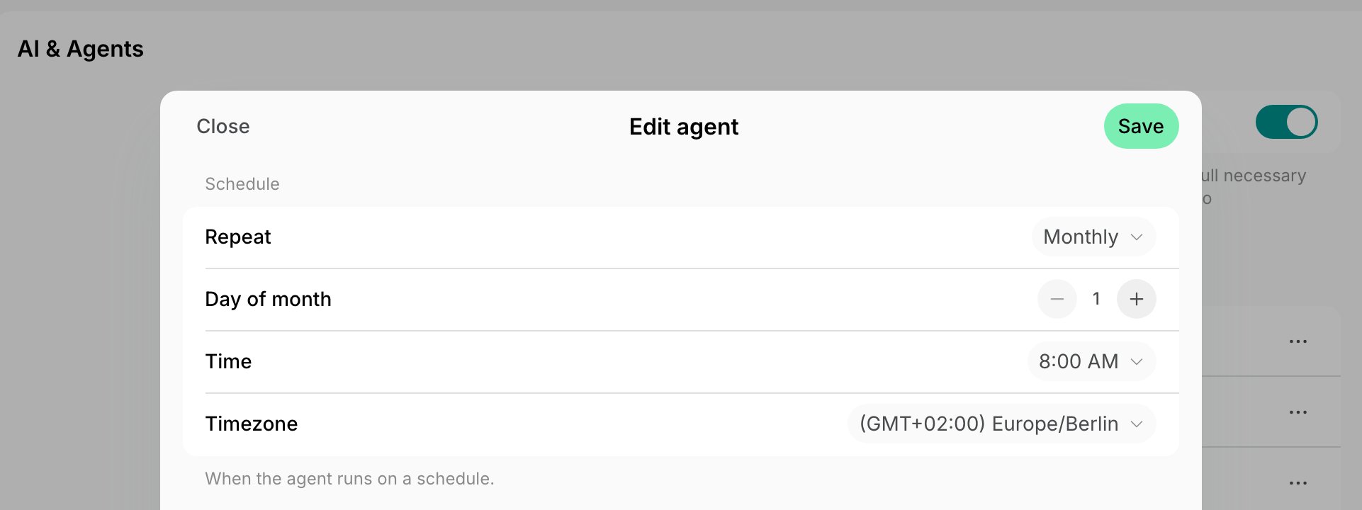 Agent schedule set to run monthly on day 1 at 8:00 AM on Spacebring's coworking space management platform