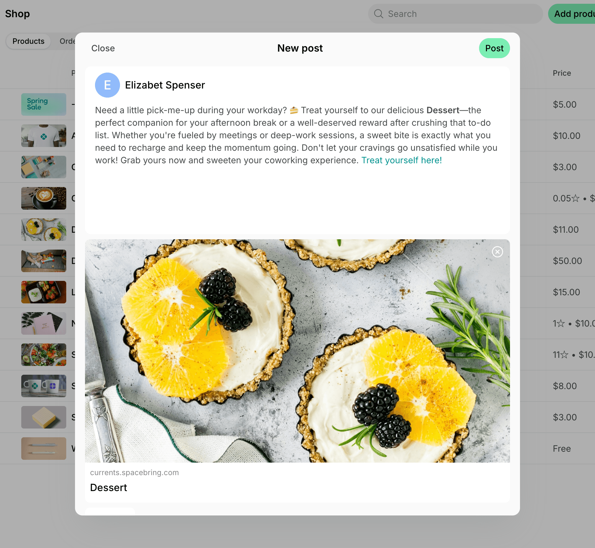 New post modal with a post Lem AI wrote to promote a shop product on Spacebring's coworking space management platform