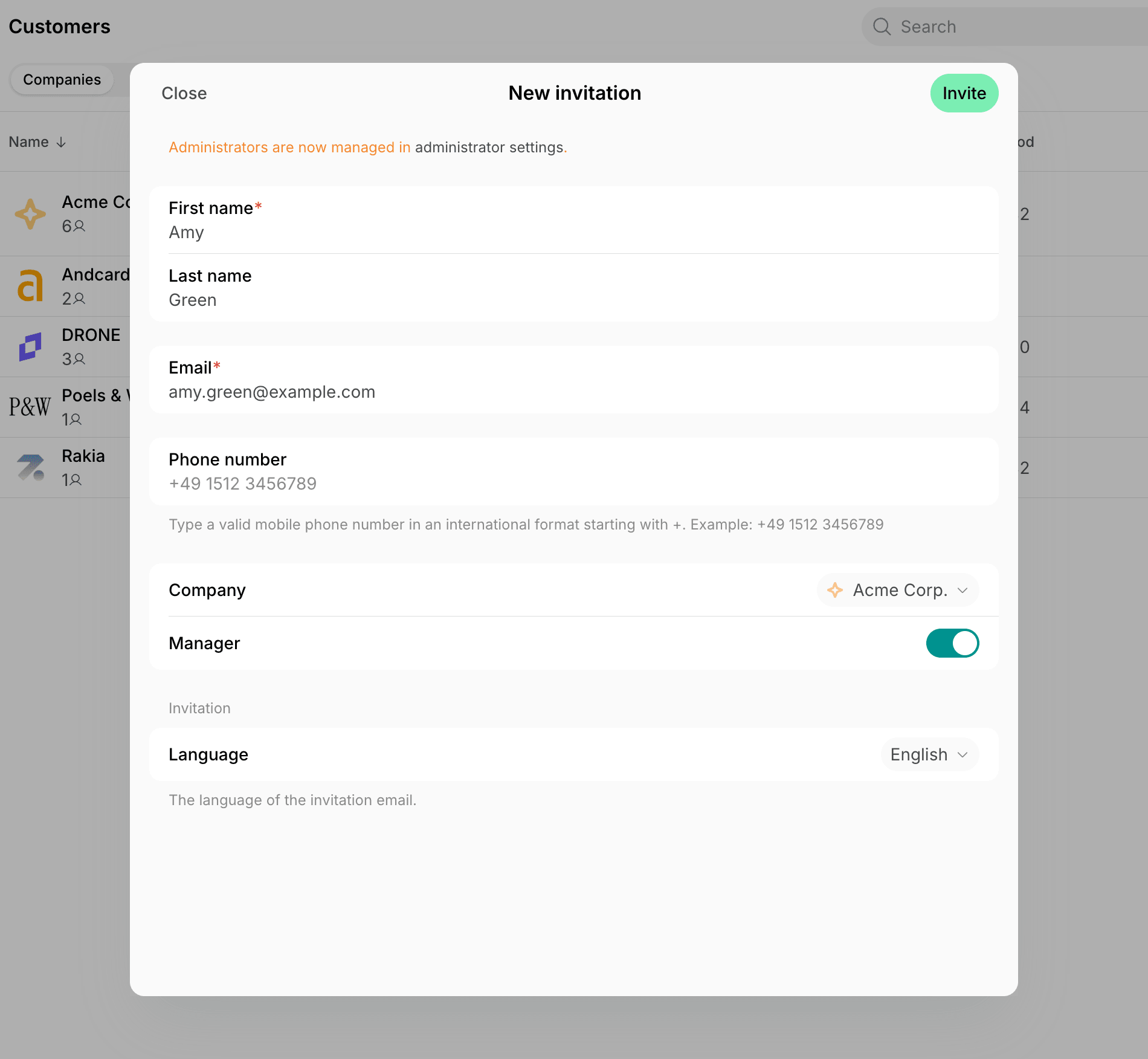 New invitation modal with the user's details, company, and Manager switch on Spacebring's coworking space management platform