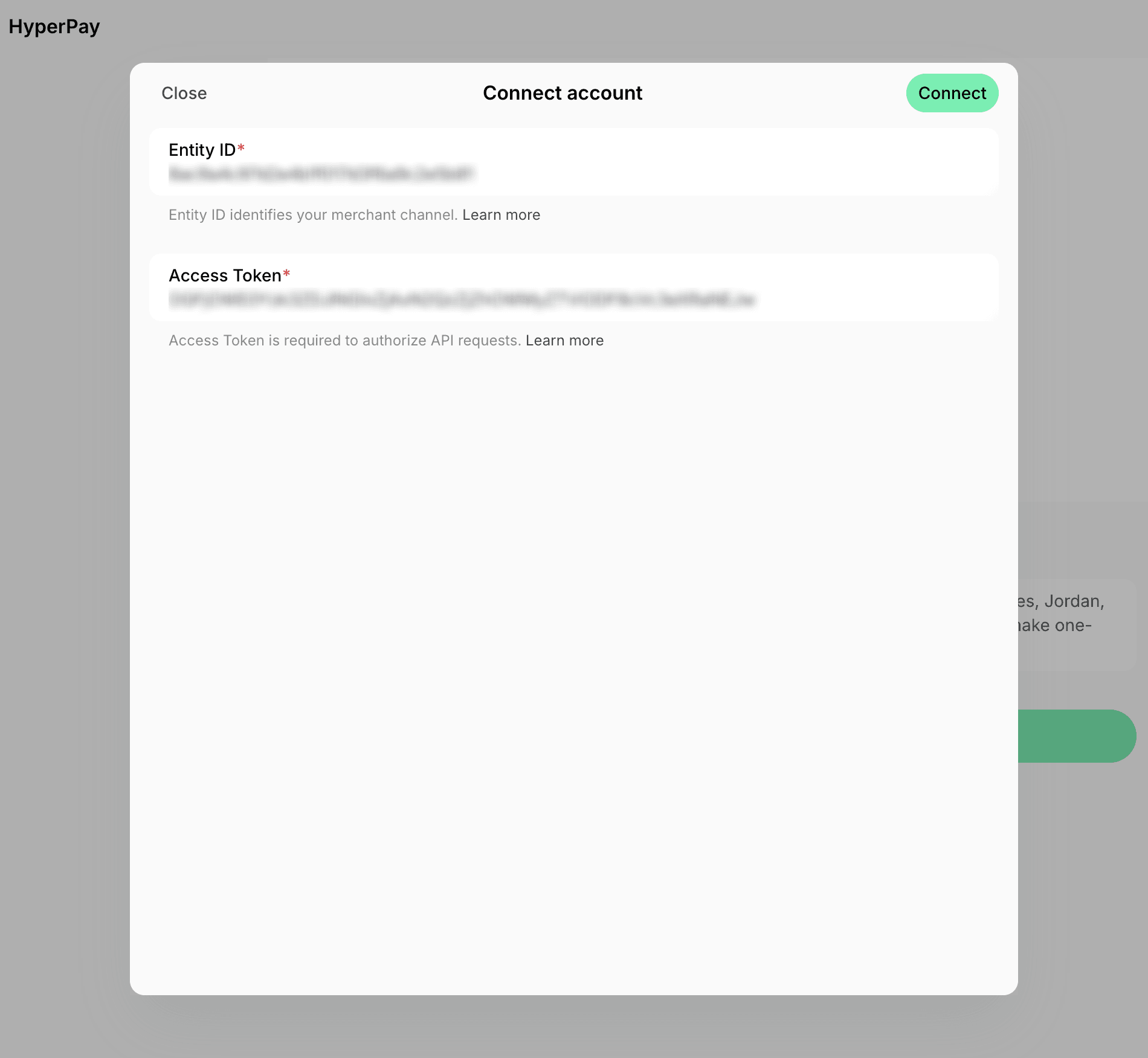 HyperPay Connect account modal with the entity ID and access token on Spacebring's coworking space management platform